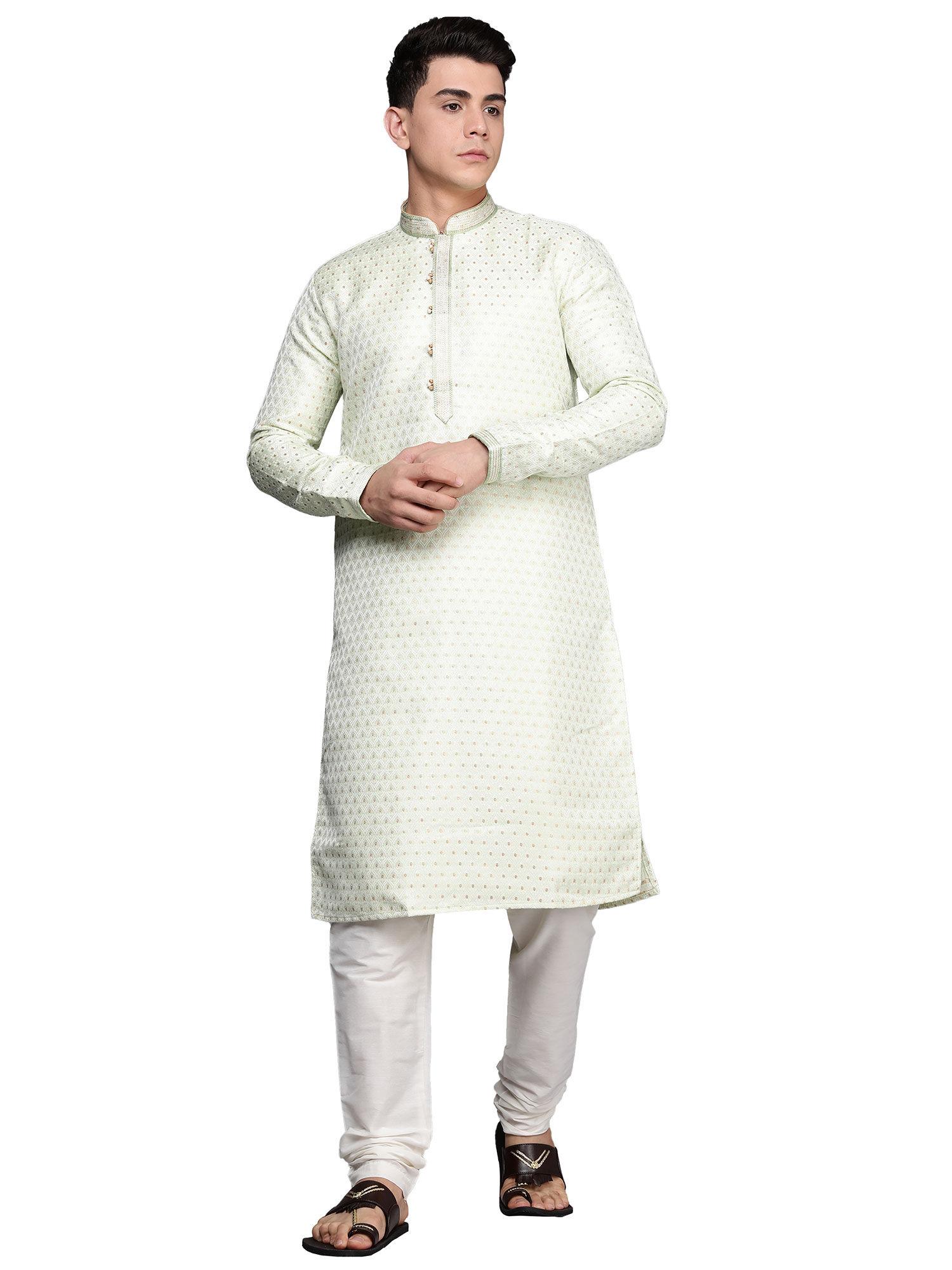 mens art silk jacquard kurta pencil pant (green) (set of 2)