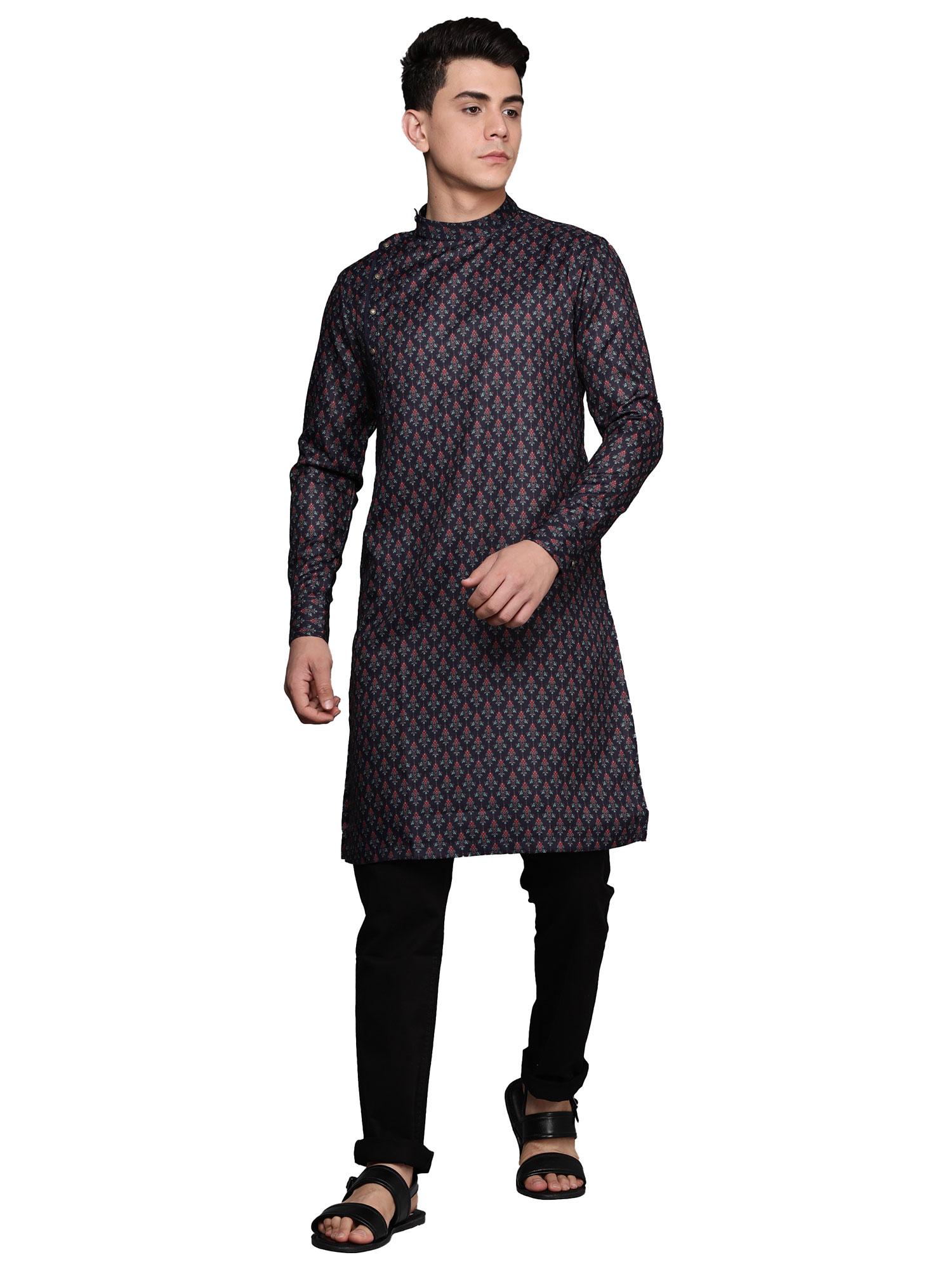 mens art silk printed casual kurta (blue)