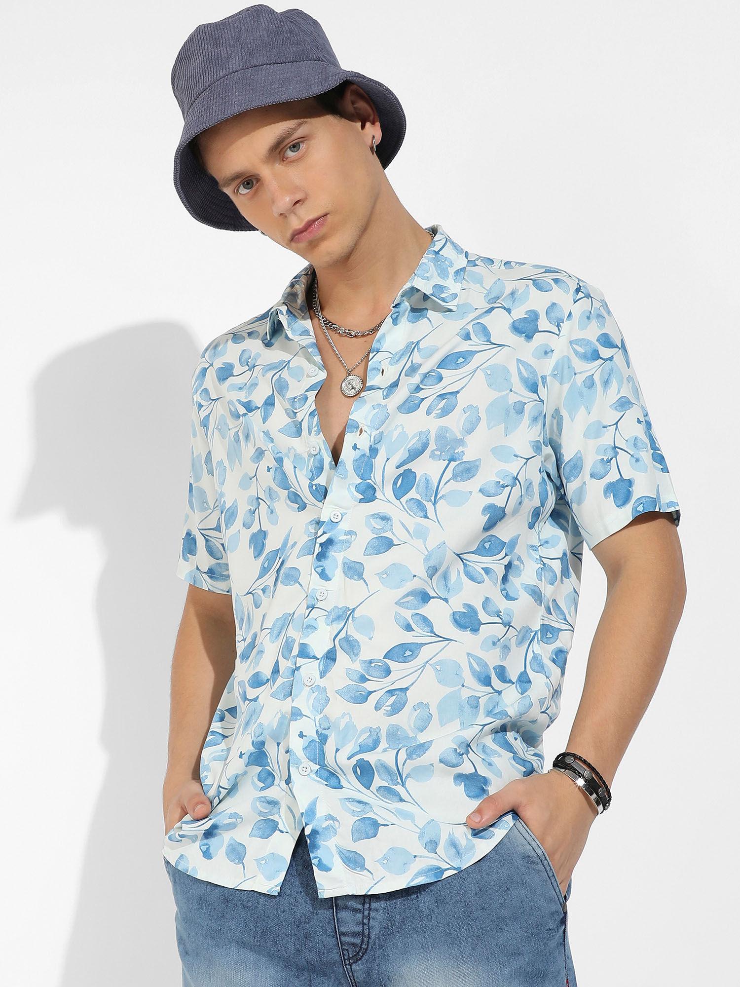mens artistic foliage print button up shirt