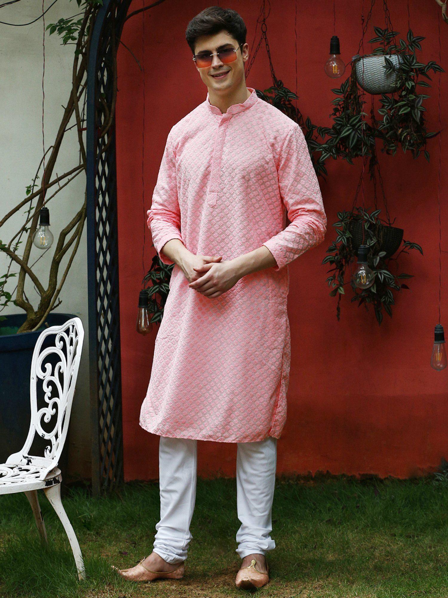 mens baby pink chikankari designer cotton kurta