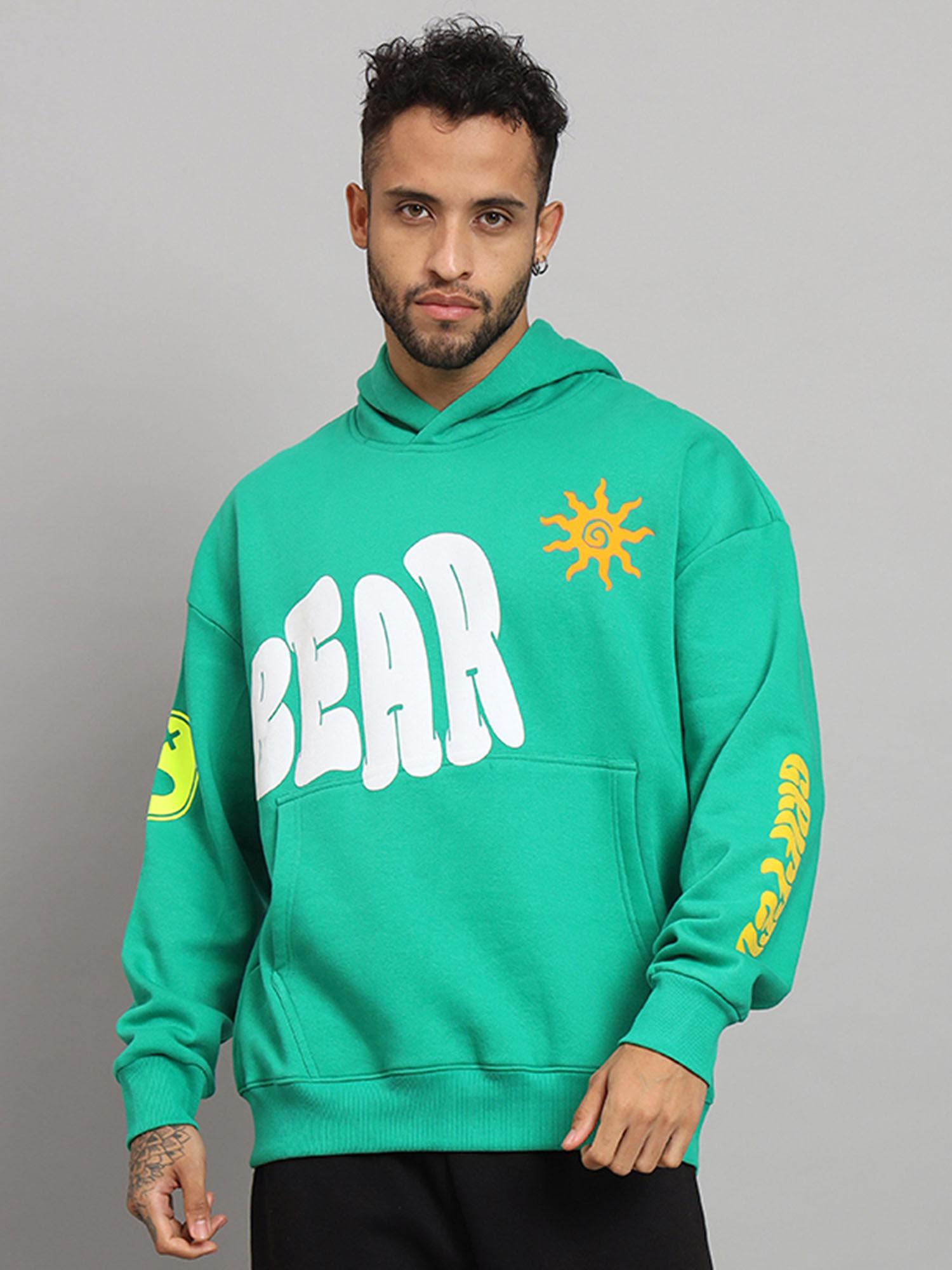 mens bear print front logo oversized fleece hoodie bottle green sweatshirt