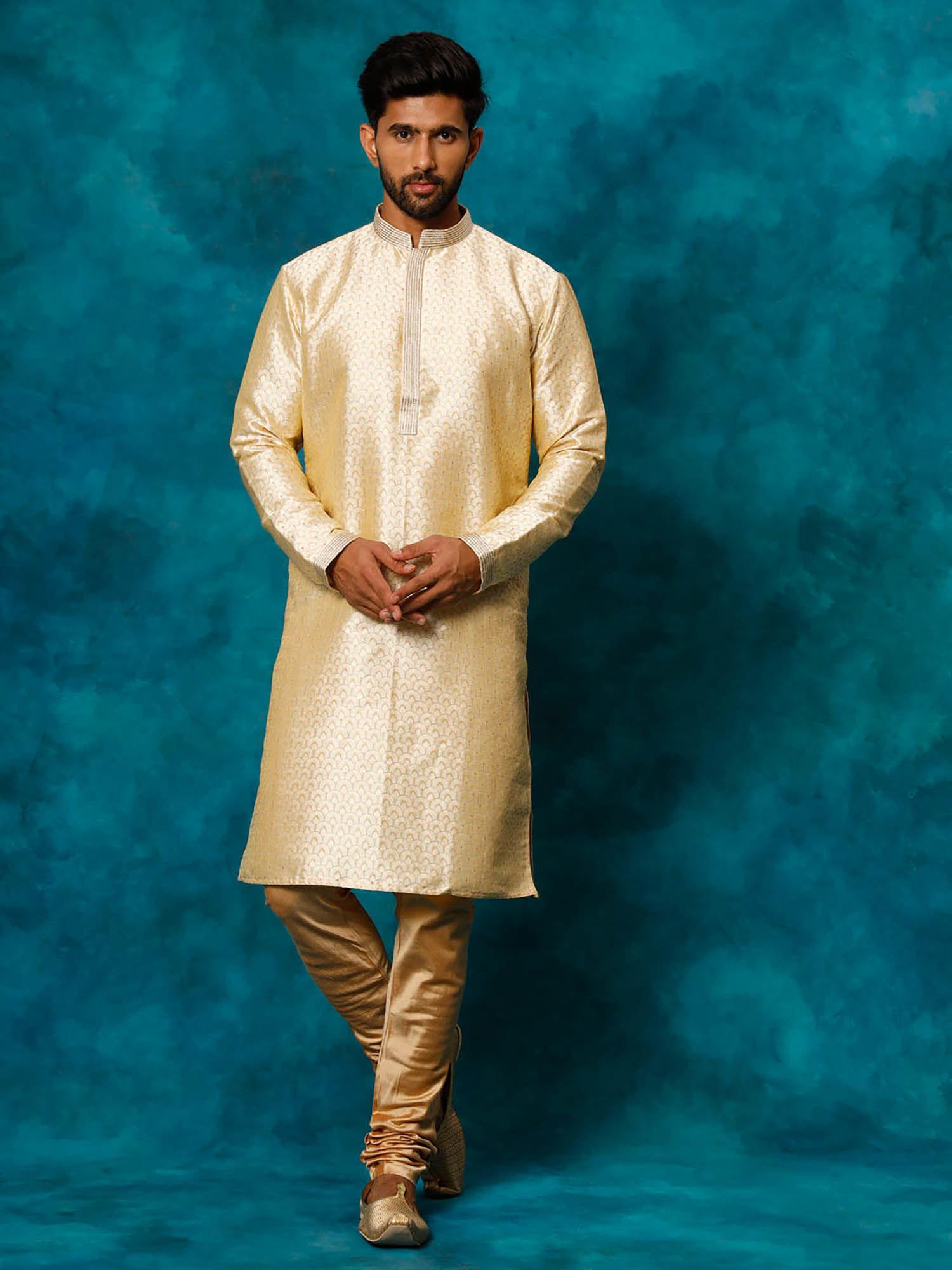 mens beige & rose gold silk blend kurta pyjama (set of 2)