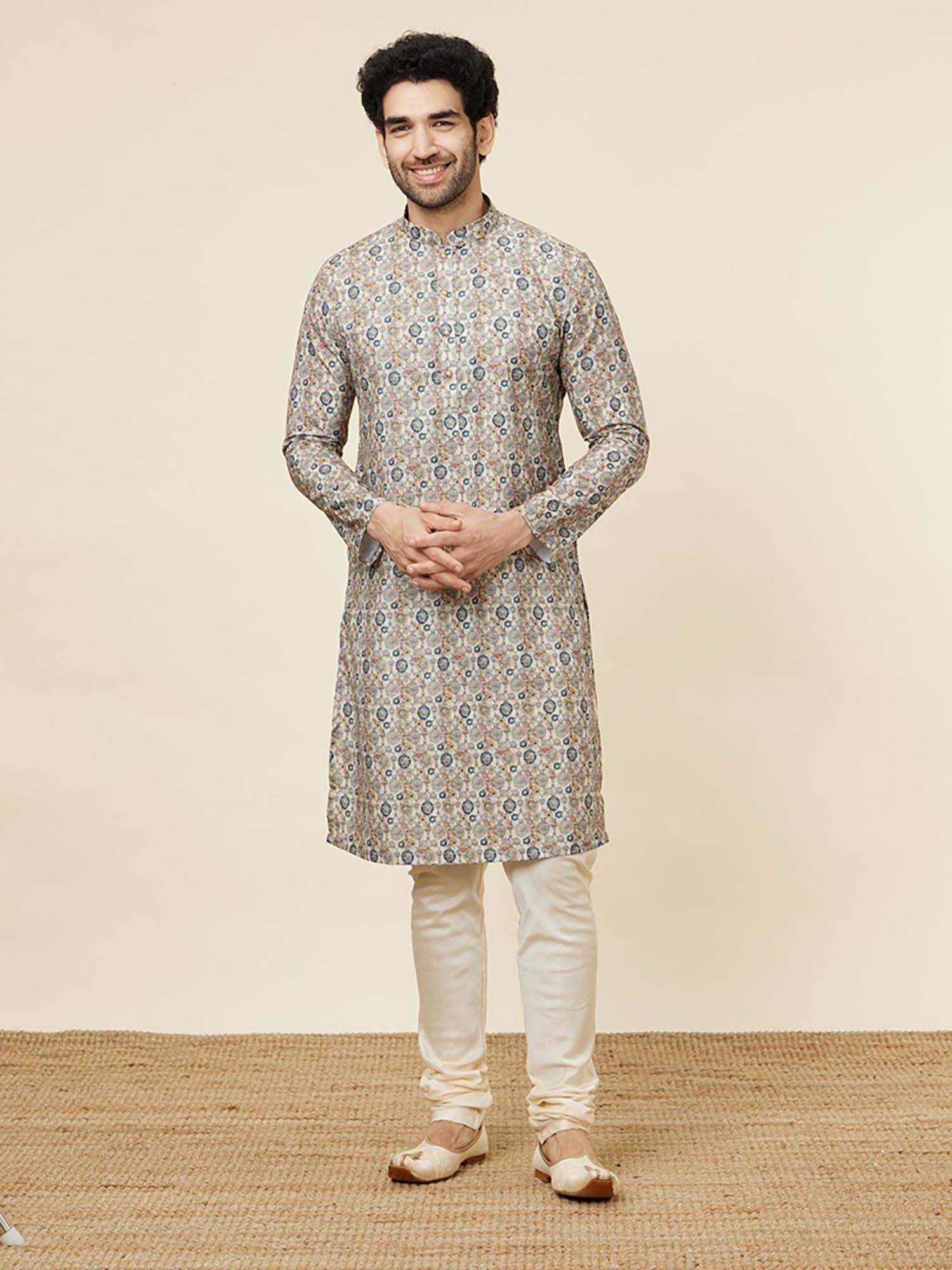 mens beige blended cotton kurta