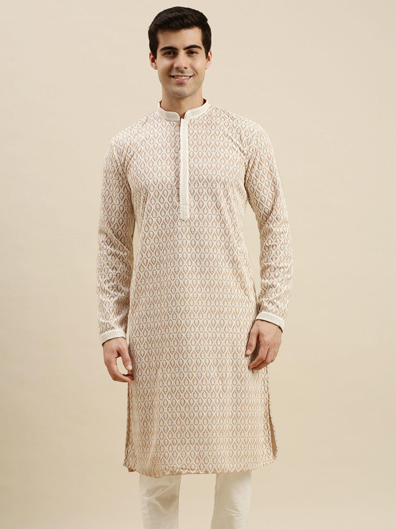 mens beige chickenkari long sleeve cotton designer kurta