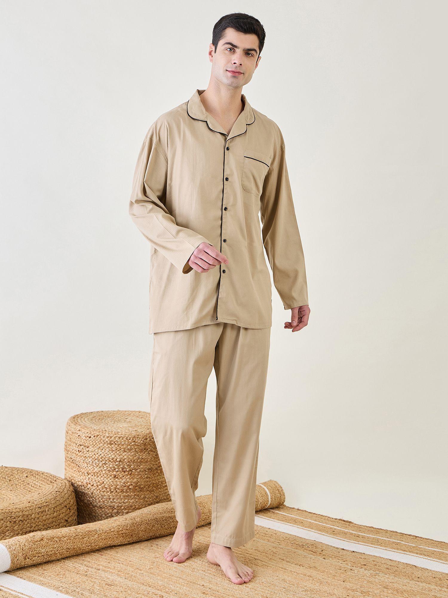 mens beige classic shirt and pyjama (set of 2)