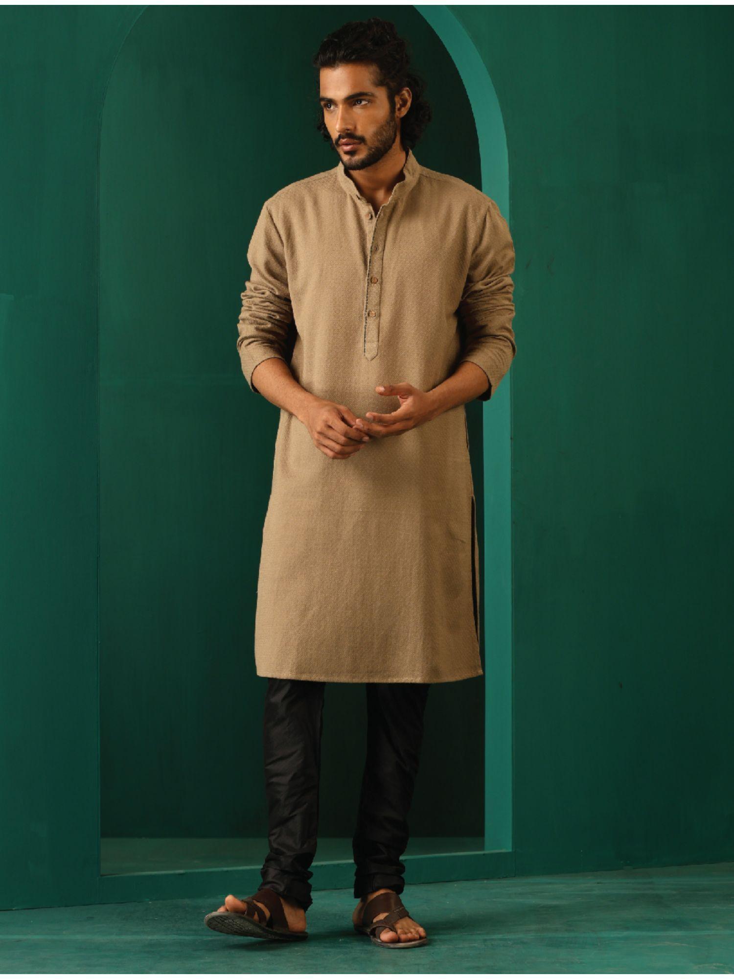 mens beige dobby textured kurta