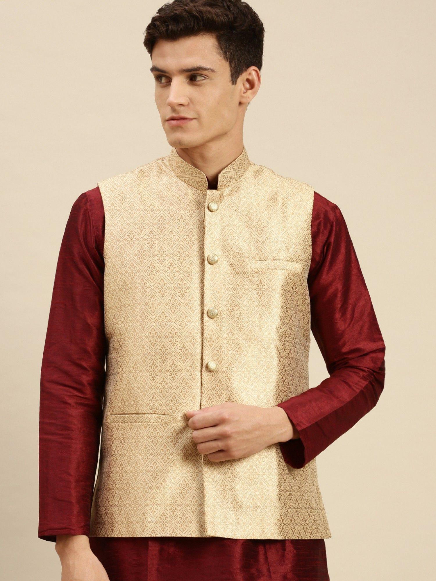 mens beige printed art silk ethnic bandi jacket