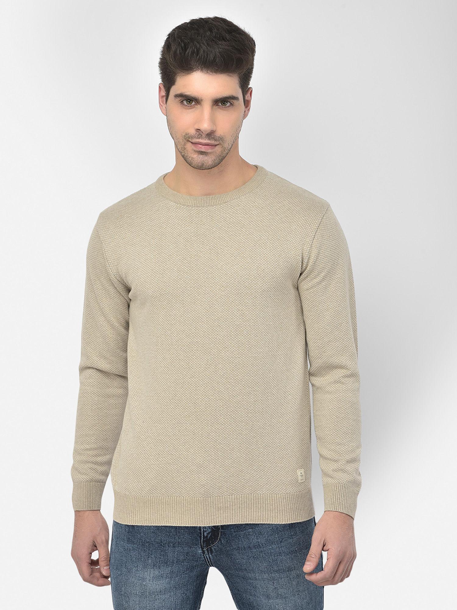 mens beige self design round neck sweater