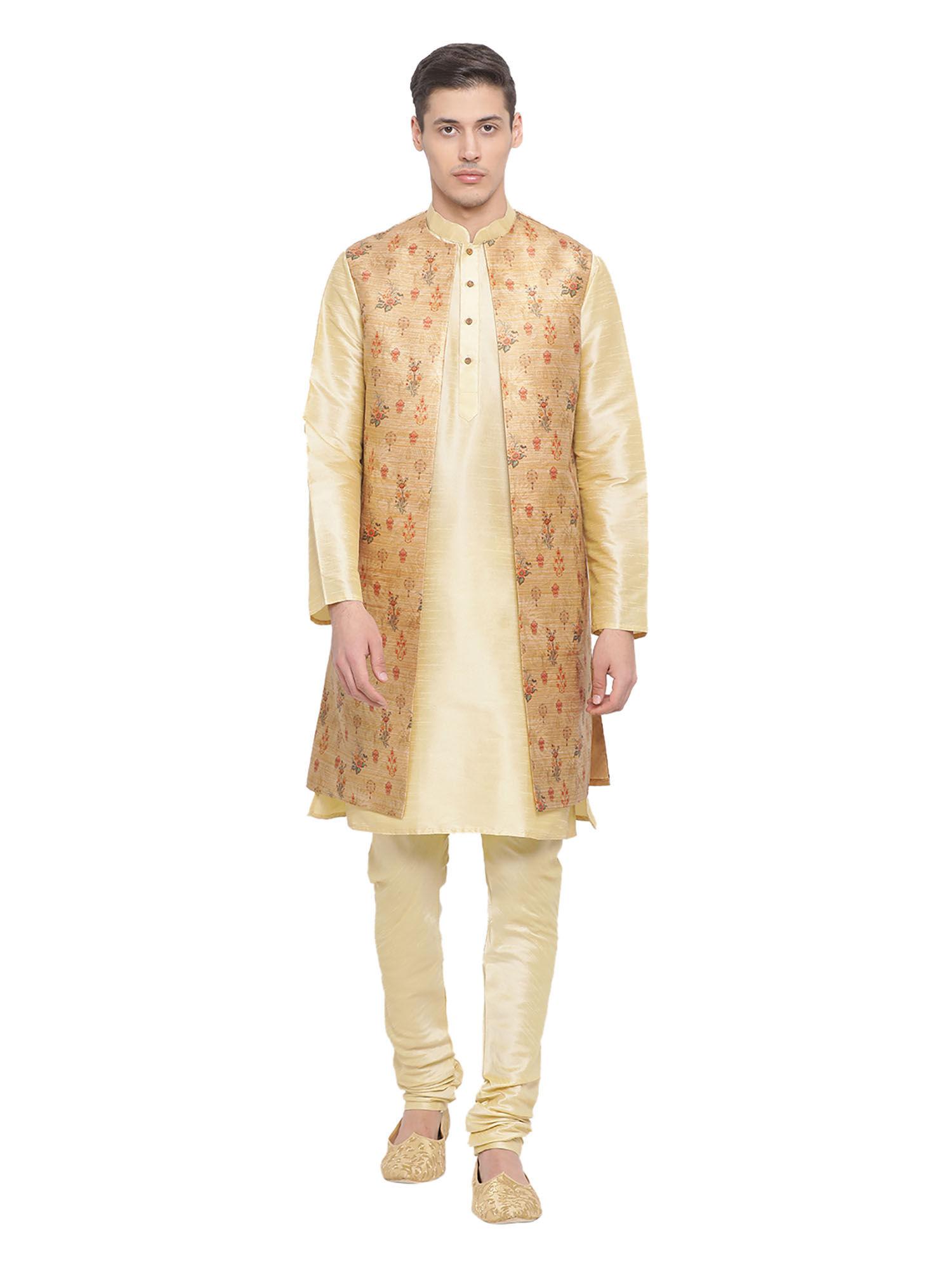 mens beige silk blend jacket, kurta and pyjama (set of 3)