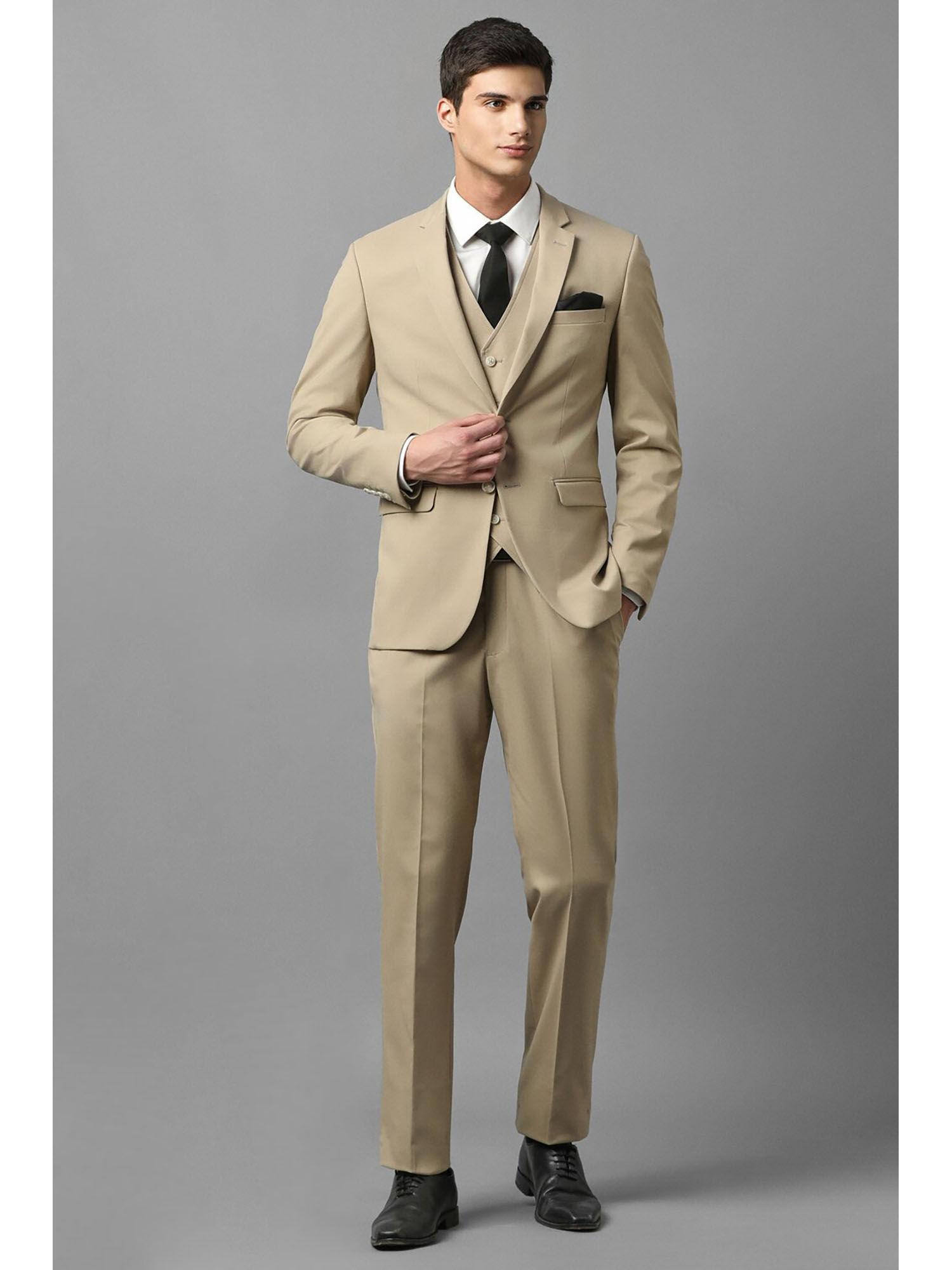 mens beige slim fit solid party three piece suit (set of 3)