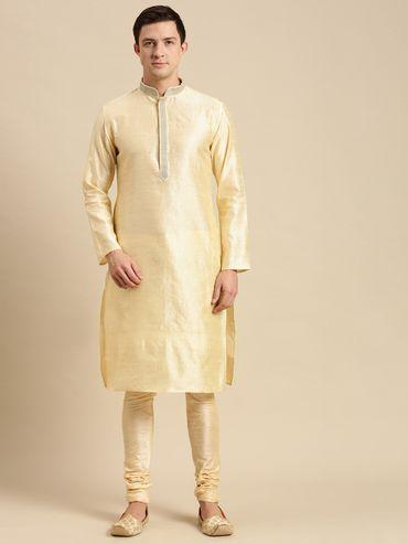 mens beige solid art silk ethnic kurta