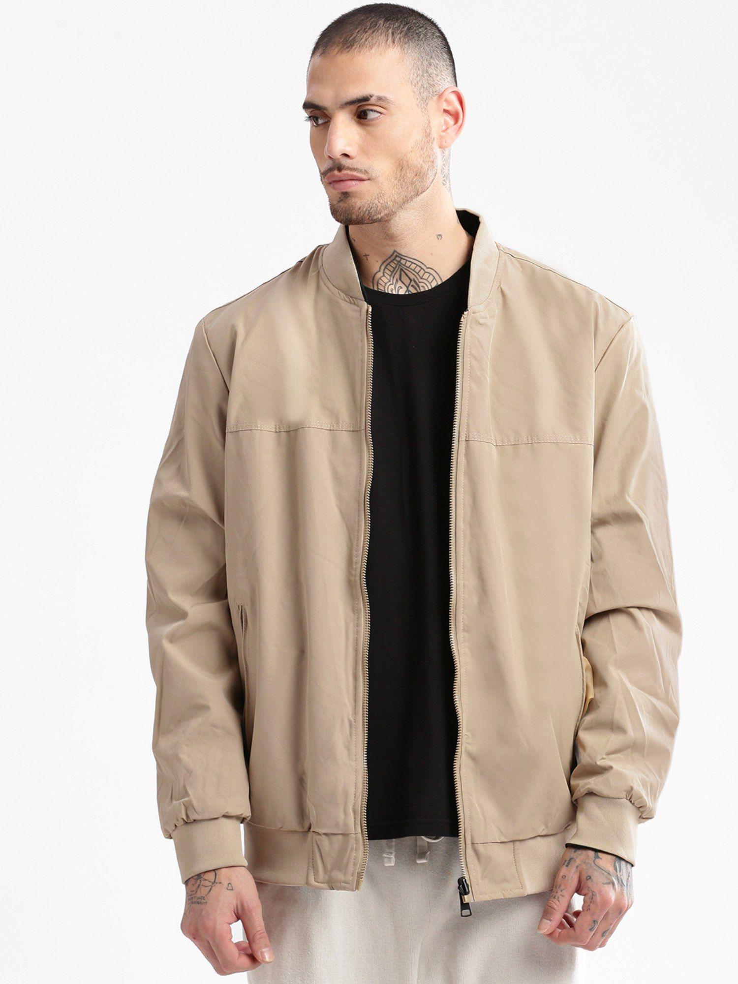 mens beige solid bomber over sized reversible jacket