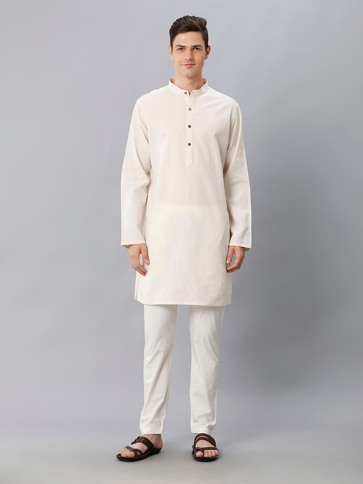 mens beige solid cotton linen kurta