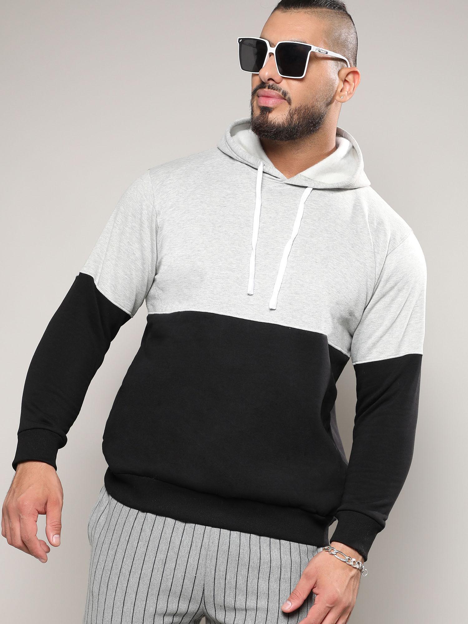 mens black & grey pullover hooded sweatshirt with ribbed hem