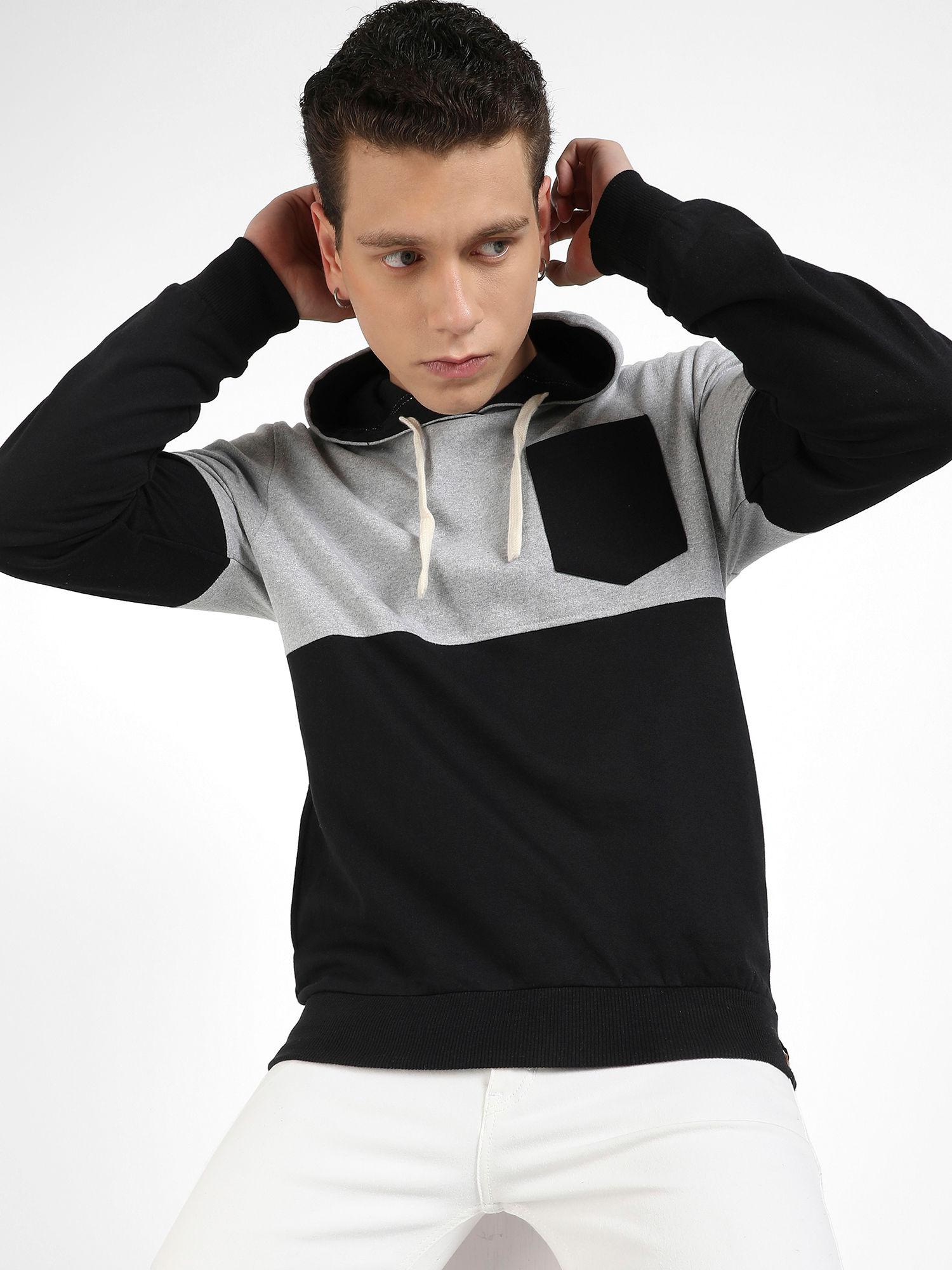 mens black & grey pullover hoodie with patch pocket