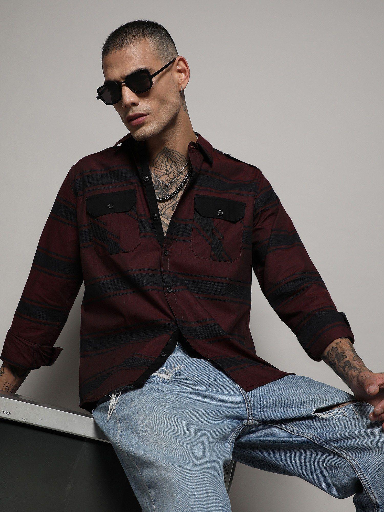 mens black & maroon red horizontal halo striped shirt