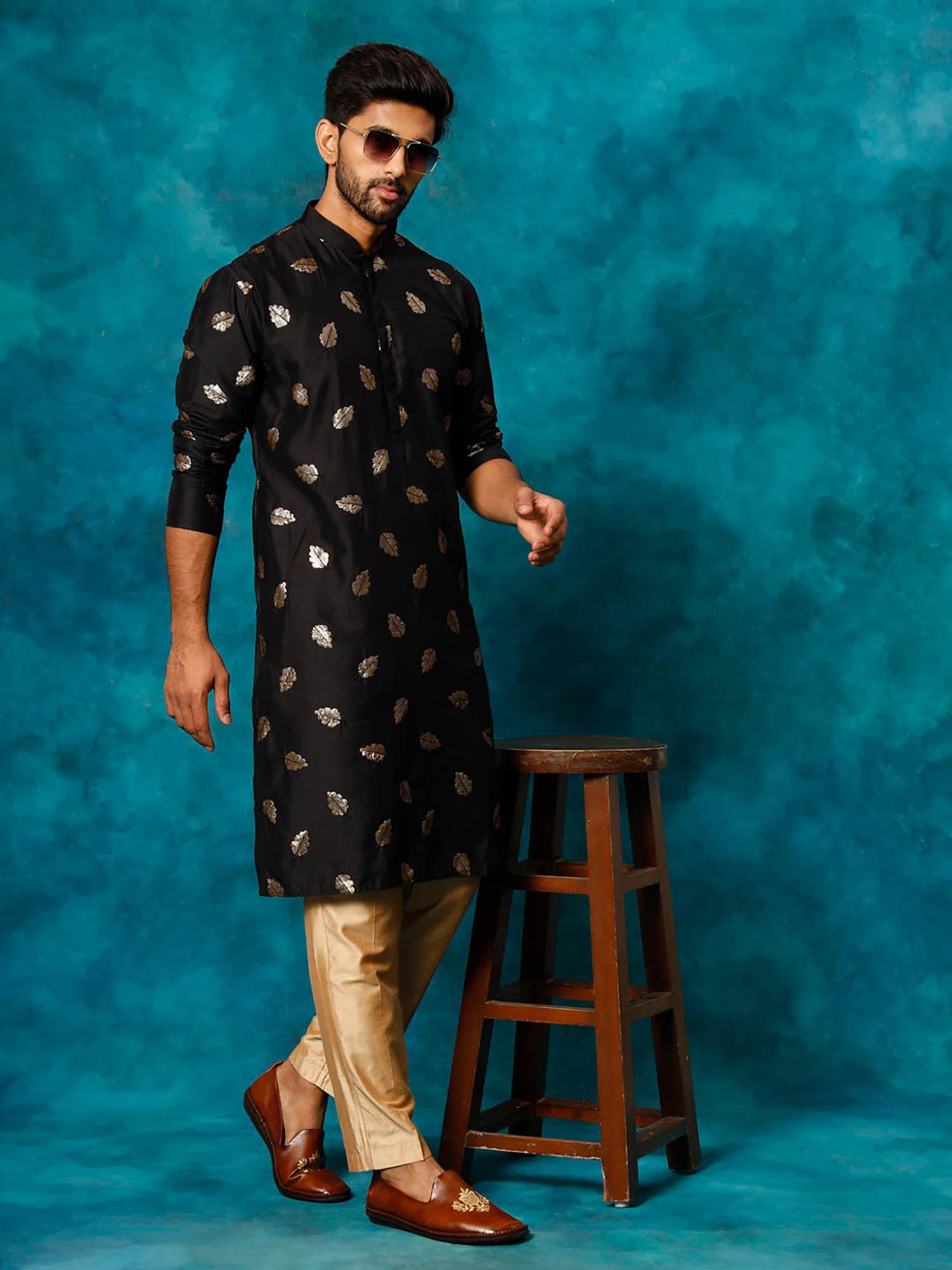 mens black & rose gold embroidered cotton blend kurta pyjama (set of 2)