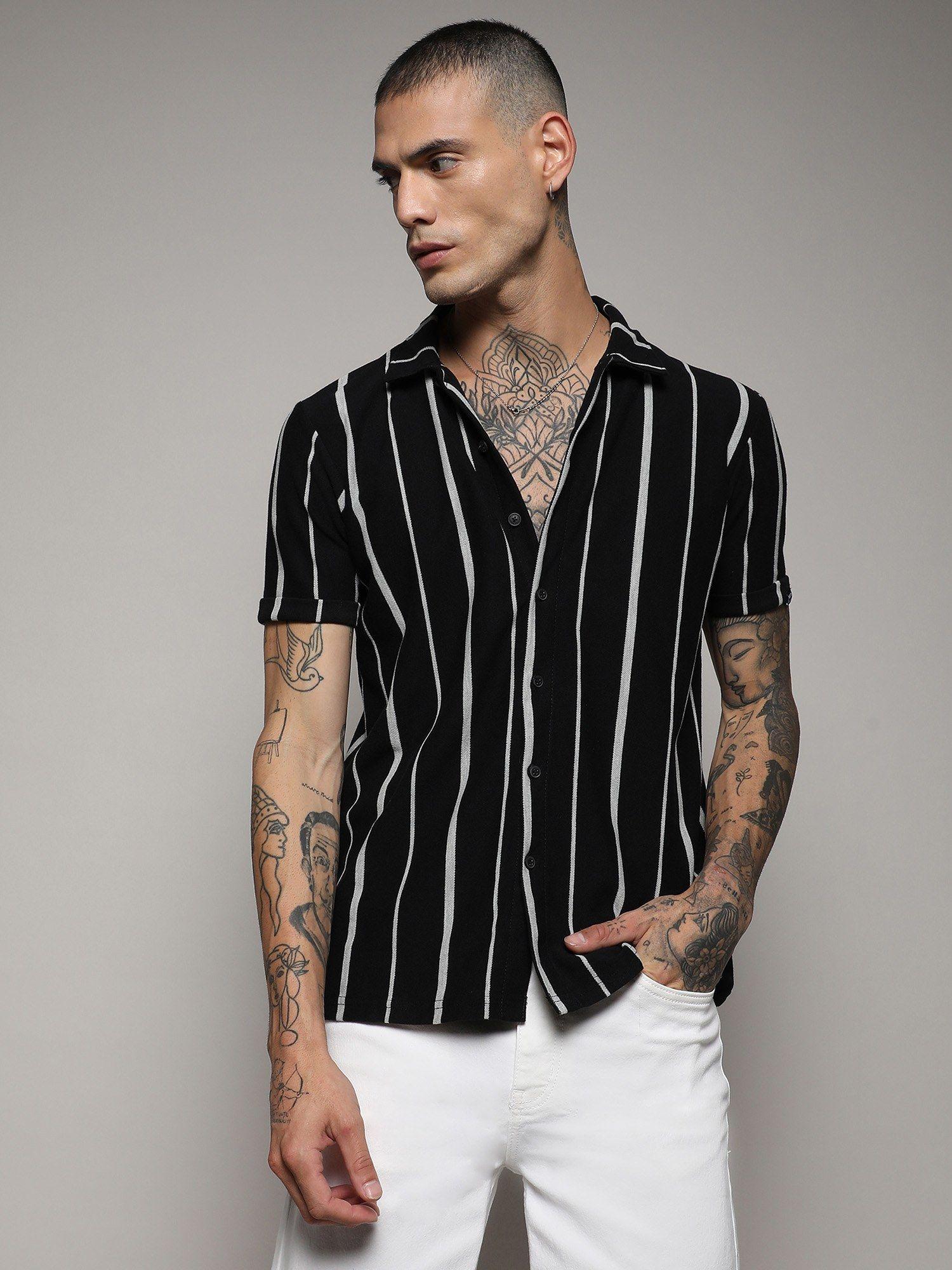 mens black & white pencil striped shirt