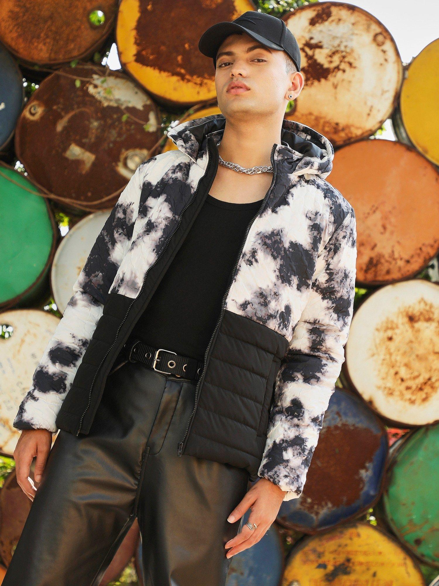 mens black & white tie-dye block puffer jacket