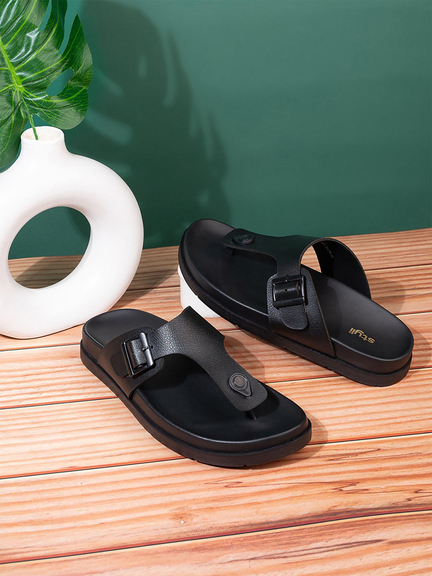 mens black buckled y strap comfort sandals