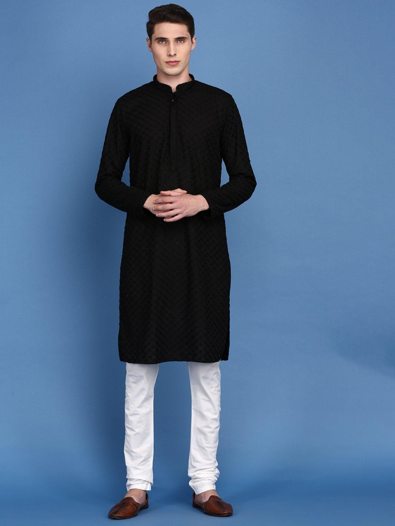 mens black chikankari cotton designer kurta with churidar pyjama (set of 2)