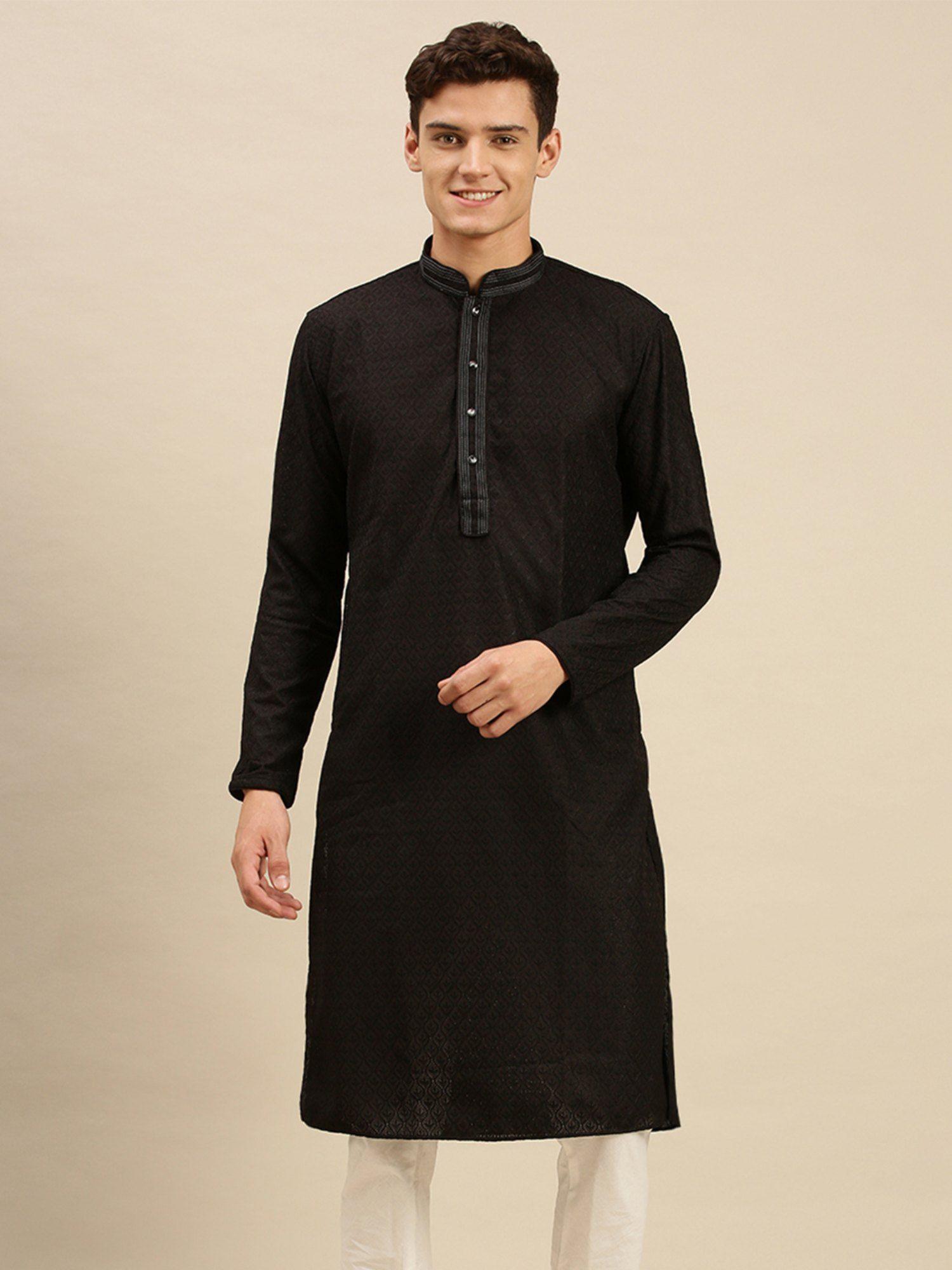 mens black chikankari designer cotton kurta