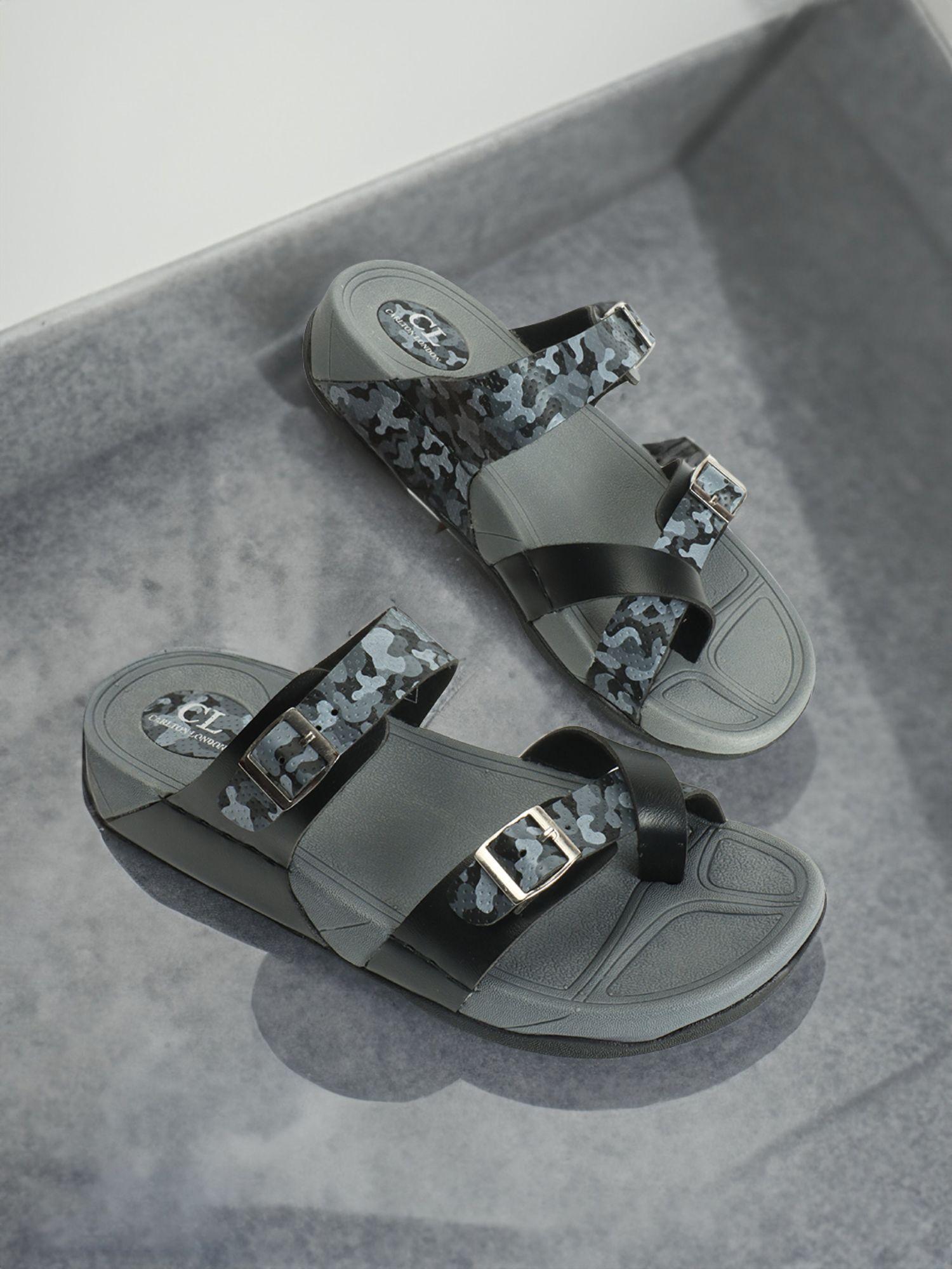 mens black color printed buckle sandals
