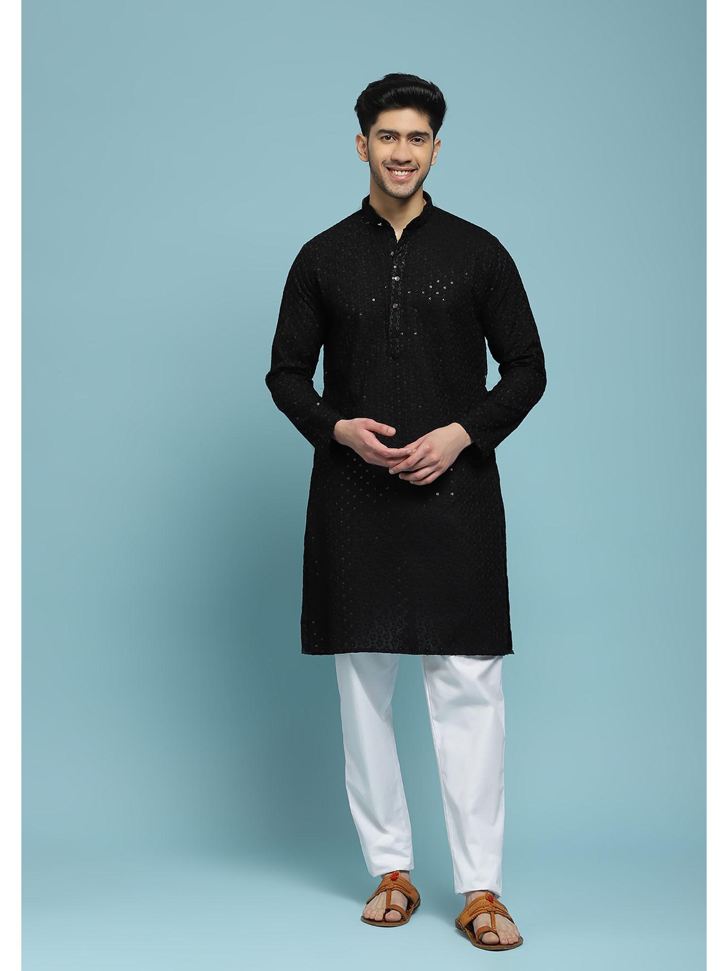 mens black cotton schiffli sequins long kurta