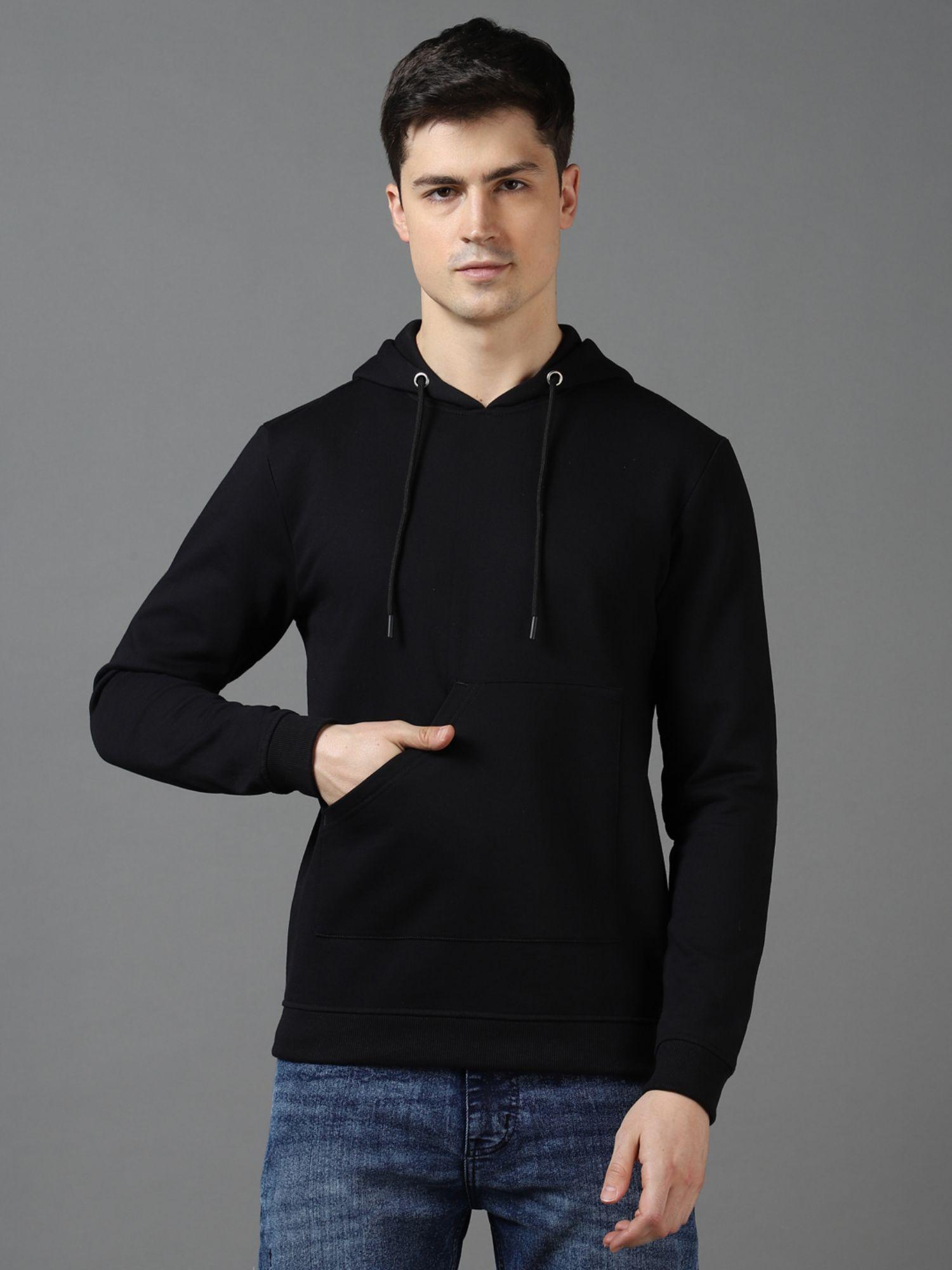 mens black cotton solid hooded neck sweatshirt