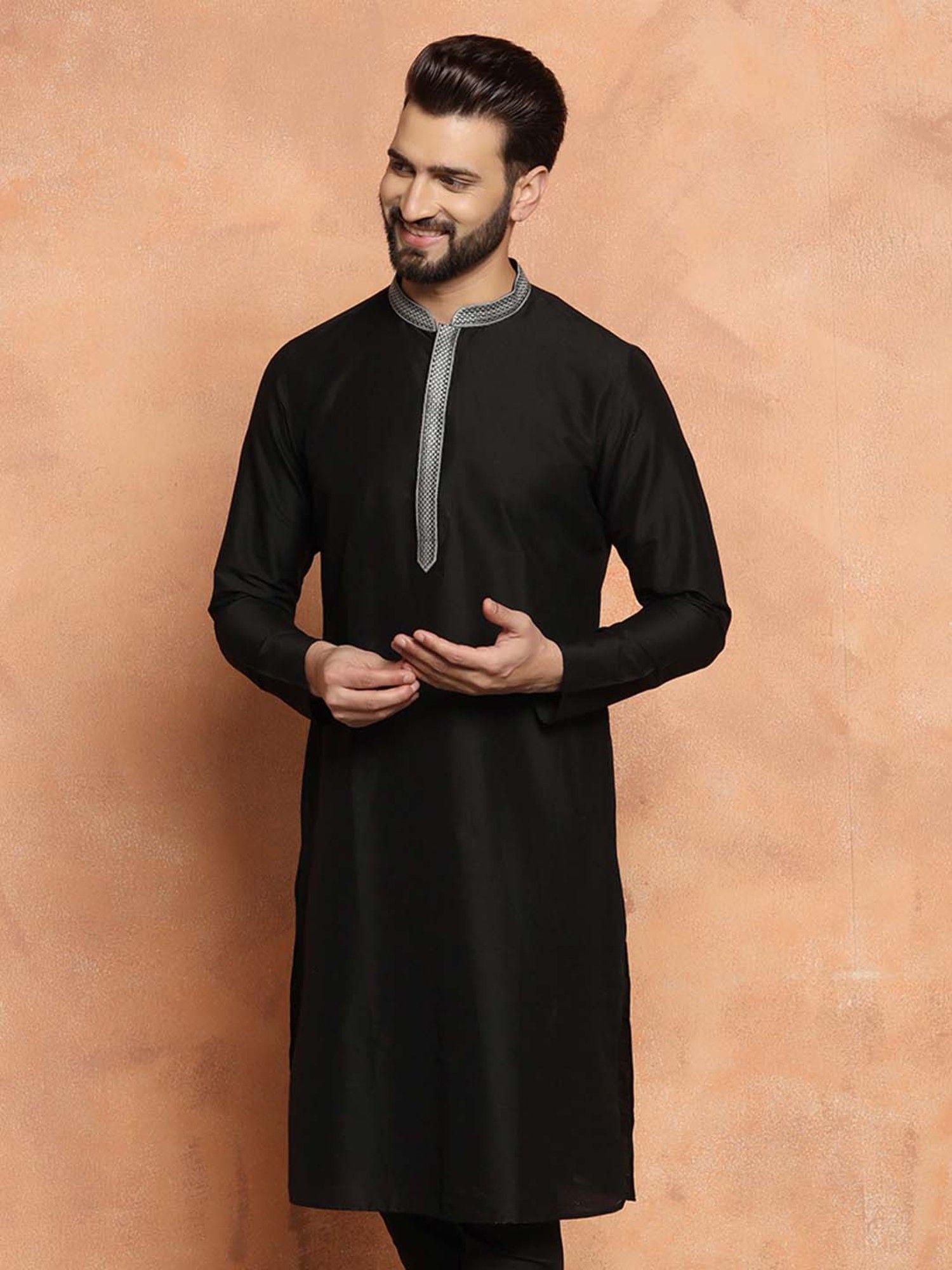 mens black embellished kurta