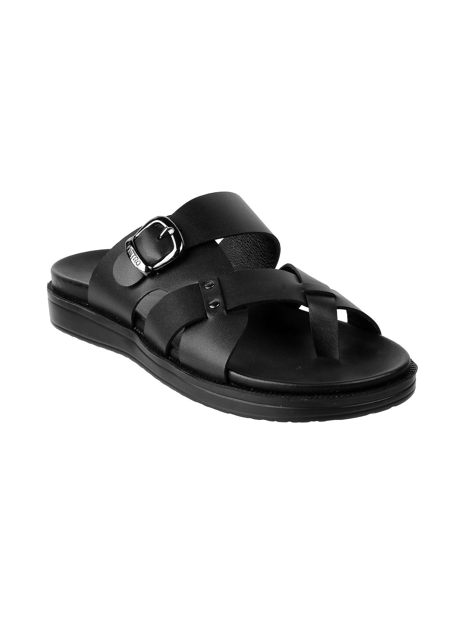 mens black flat chappalsmetro solid/plain black sandals