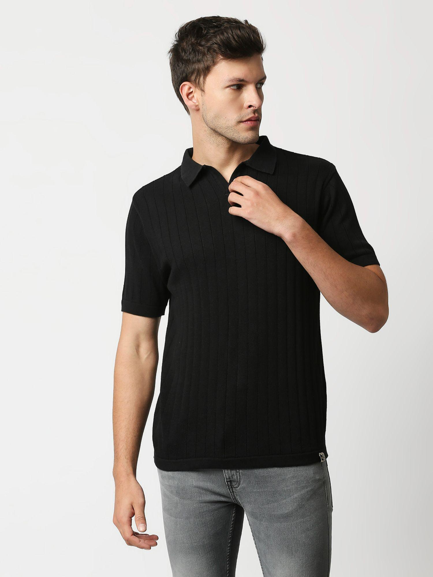 mens black flat knit short sleeves slim fit polo tshirt