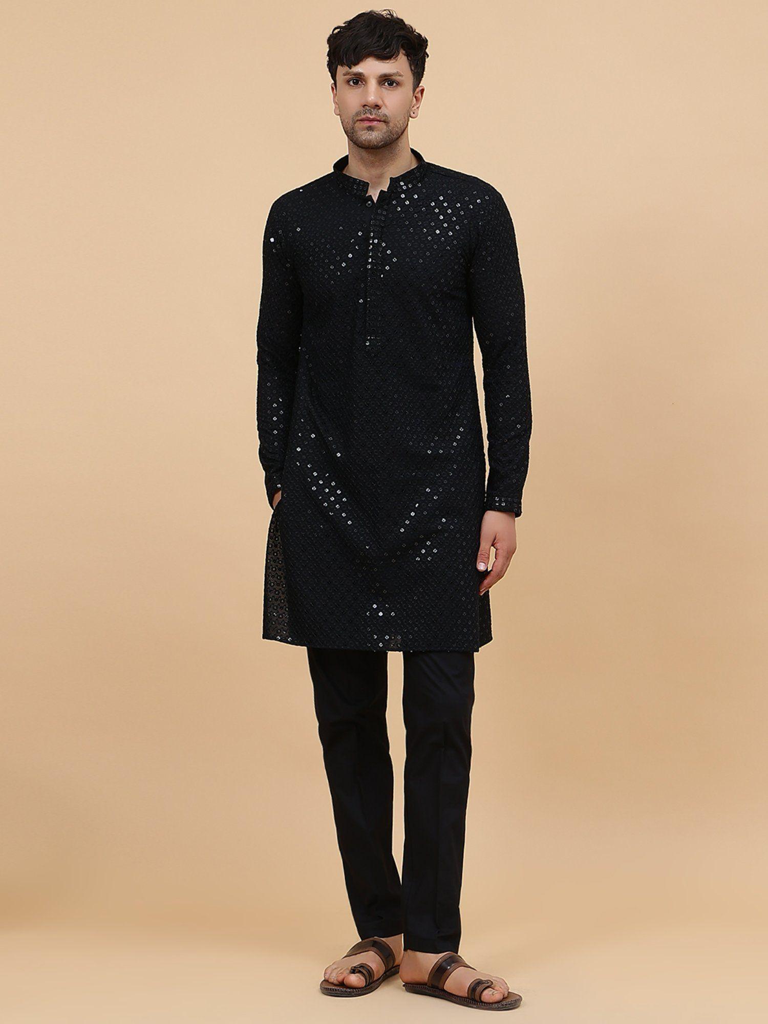 mens black floral embroidered sequined rayon kurta with black pyjama (set of 2)