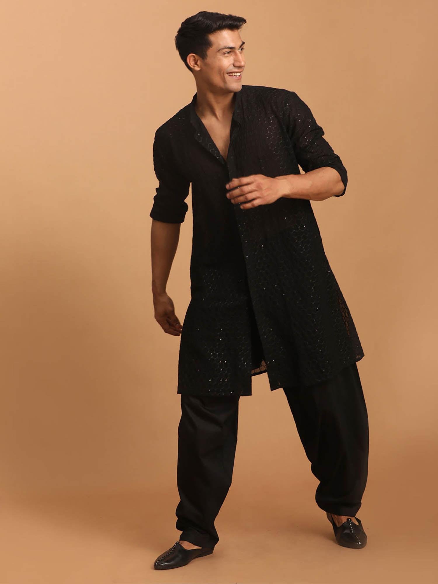 mens black georgette kurta and patiala (set of 2)