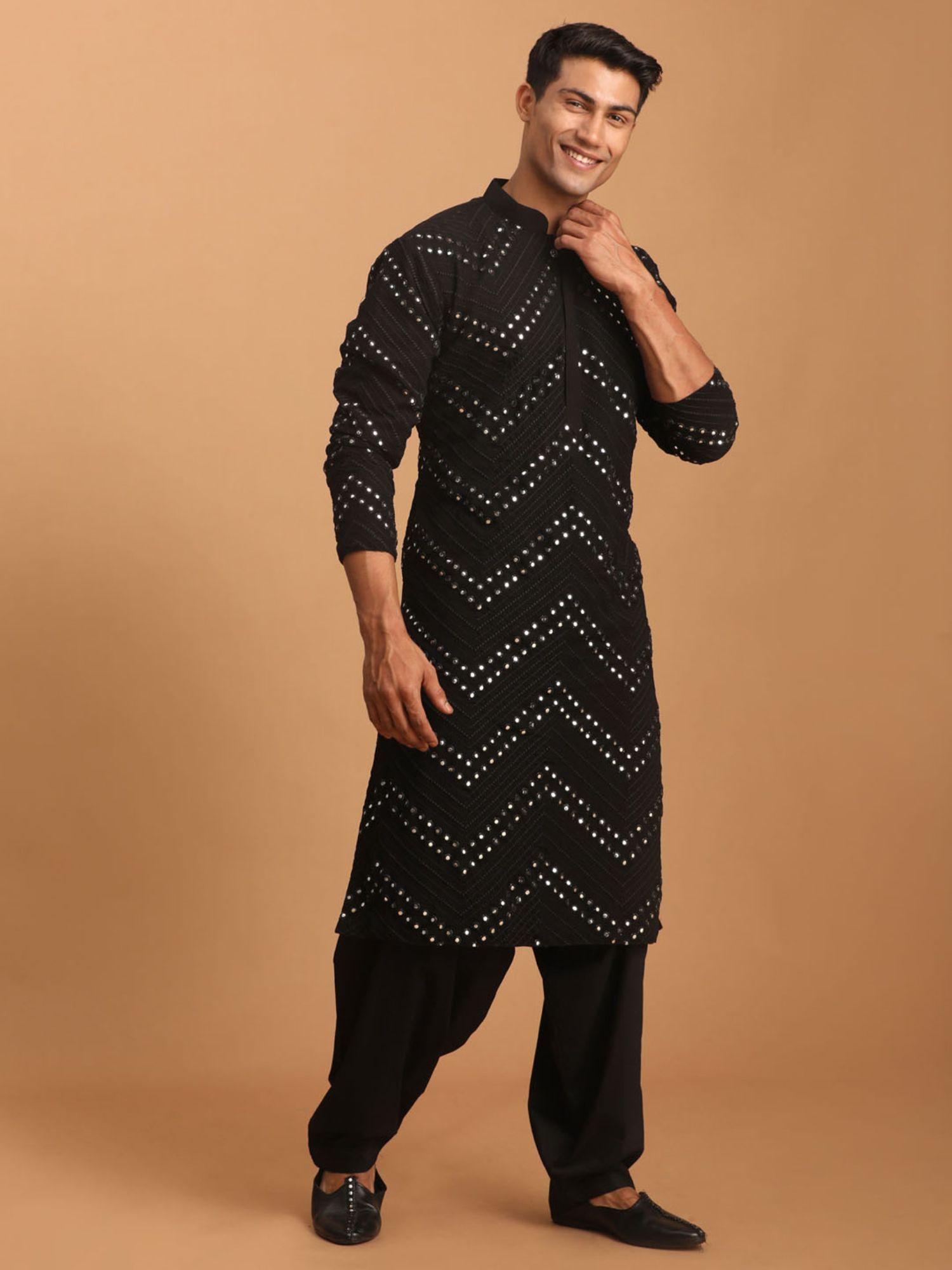 mens black georgette kurta and patiala (set of 2)