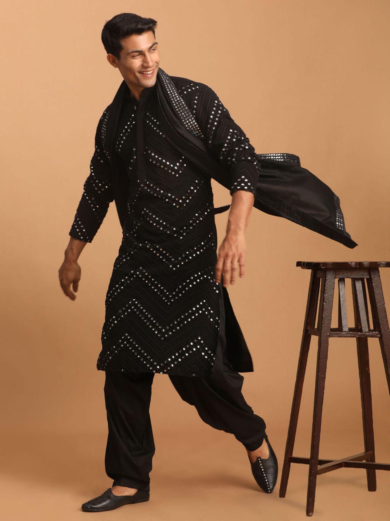 mens black georgette kurta and patiala (set of 3)