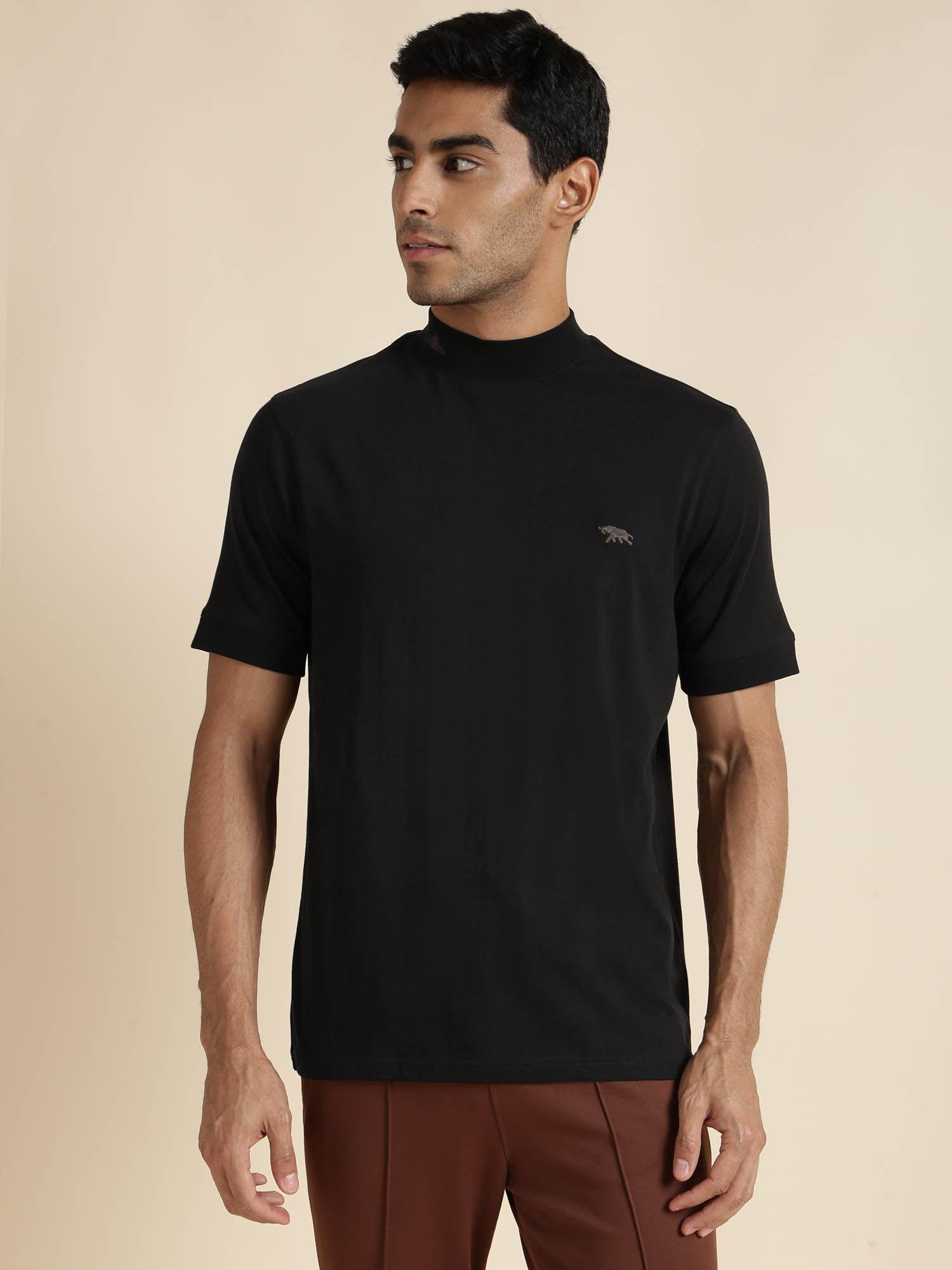 mens black half sleeves high neck regular fit t-shirt