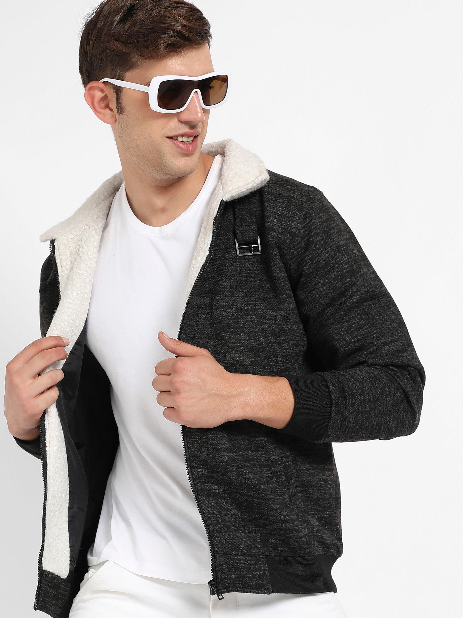 mens black heathered jacket with fleece detail