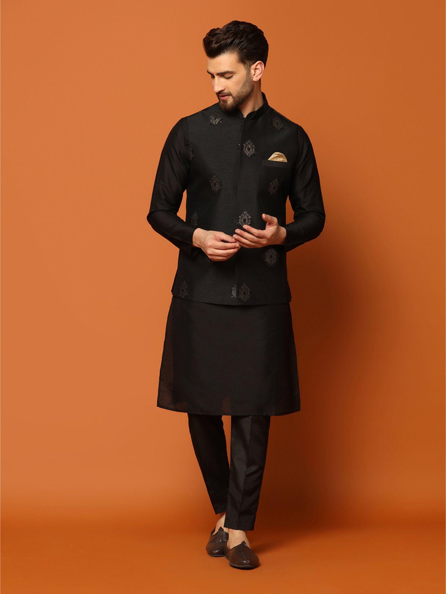 mens black jacket kurta trouser (set of 3)