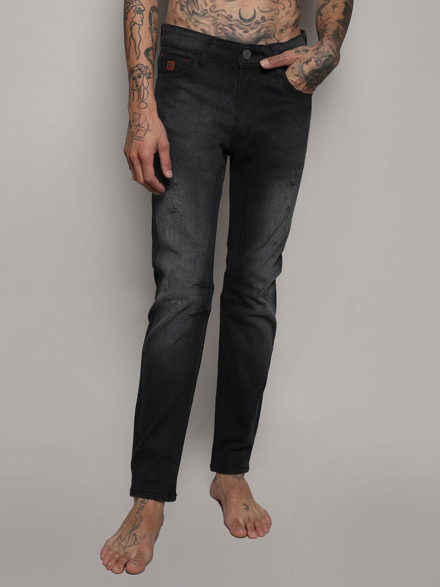 mens black minimal side distressed denim jeans