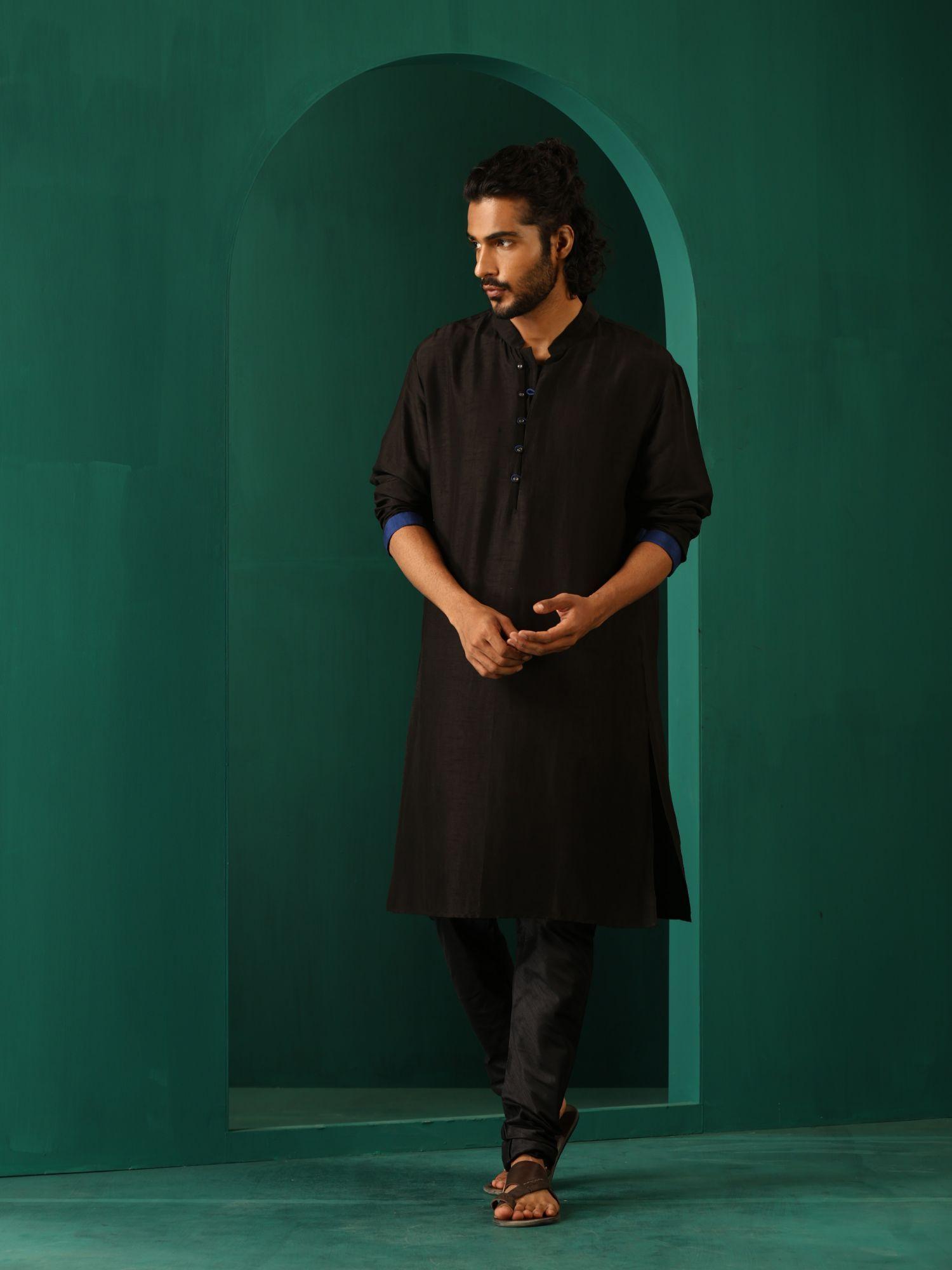 mens black plain silk long kurta