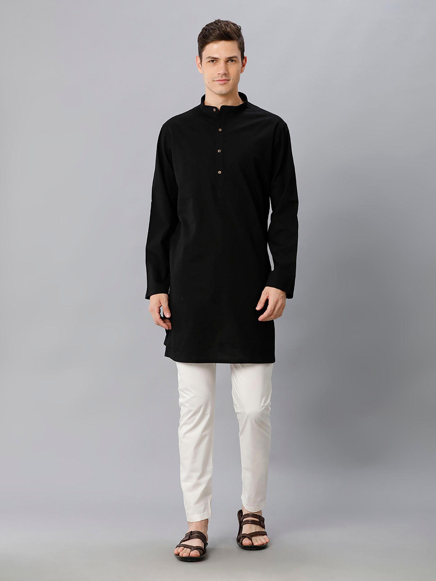 mens black solid cotton linen kurta