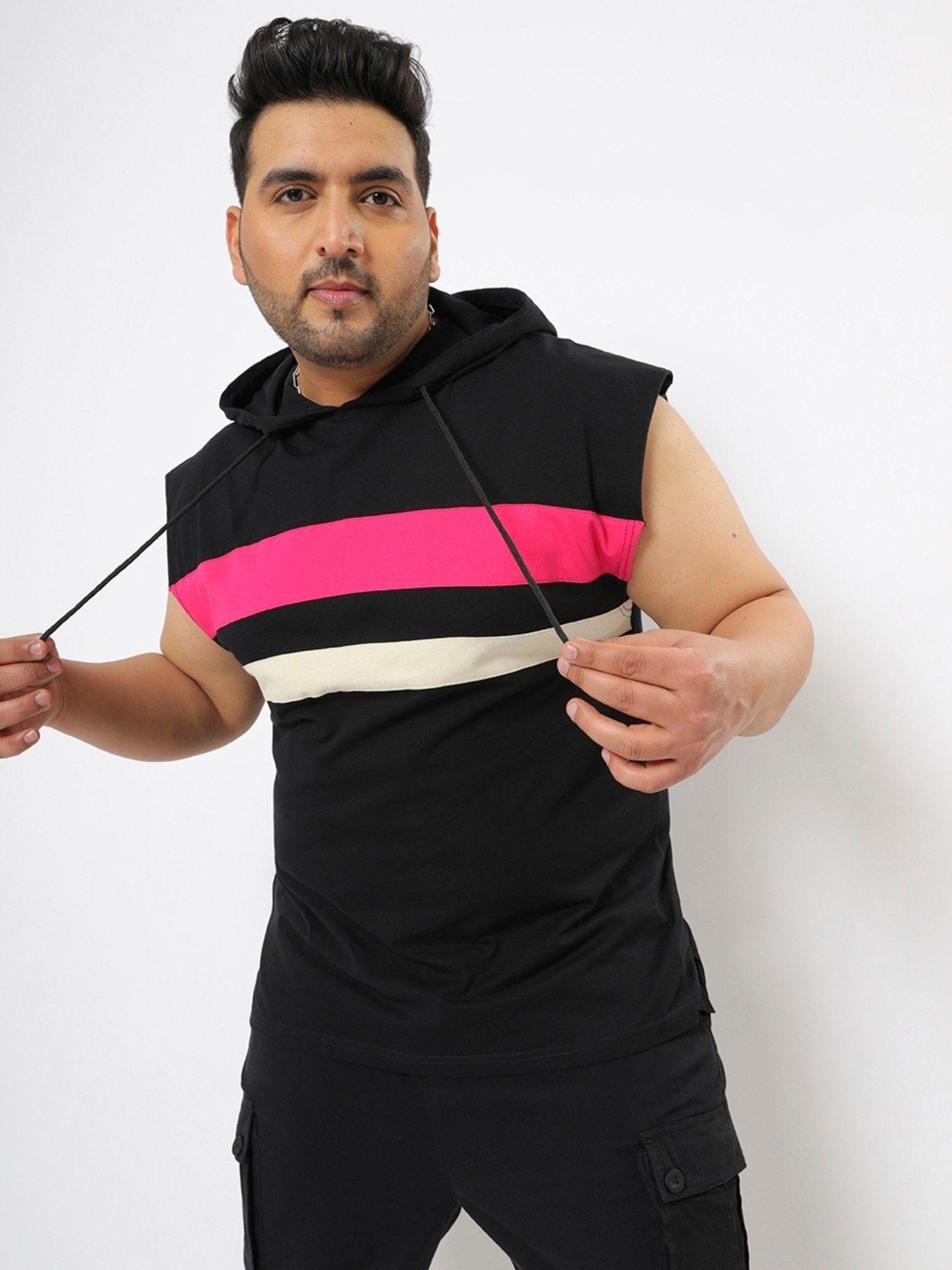 mens black striped plus size hoodie vest