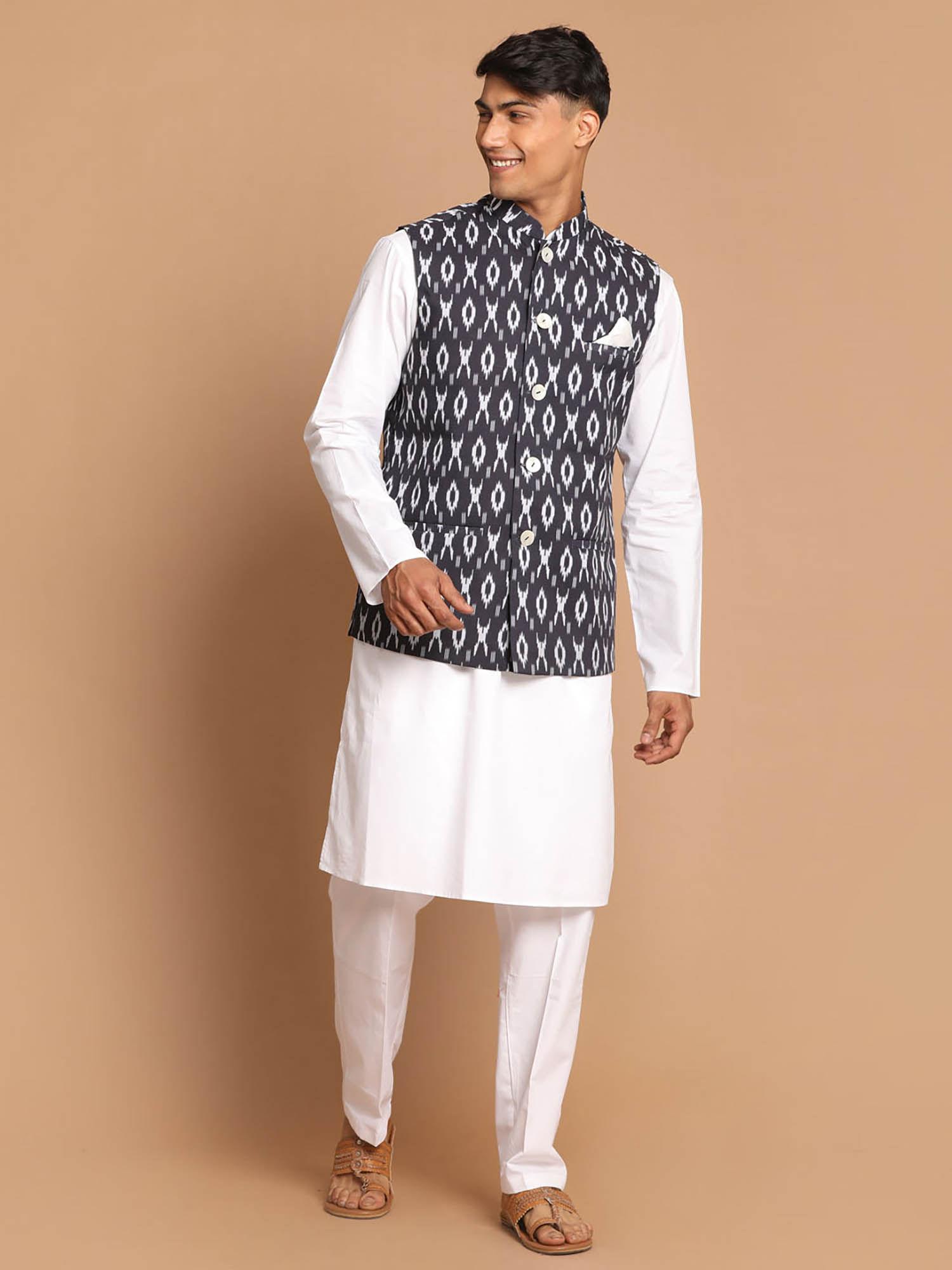 mens black with white pure cotton jacket kurta and pyjama (set of 3)