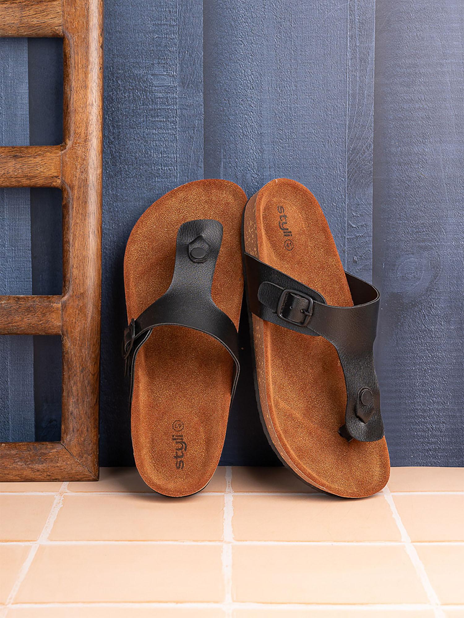 mens black y strap thick sole casual sandals synthetic