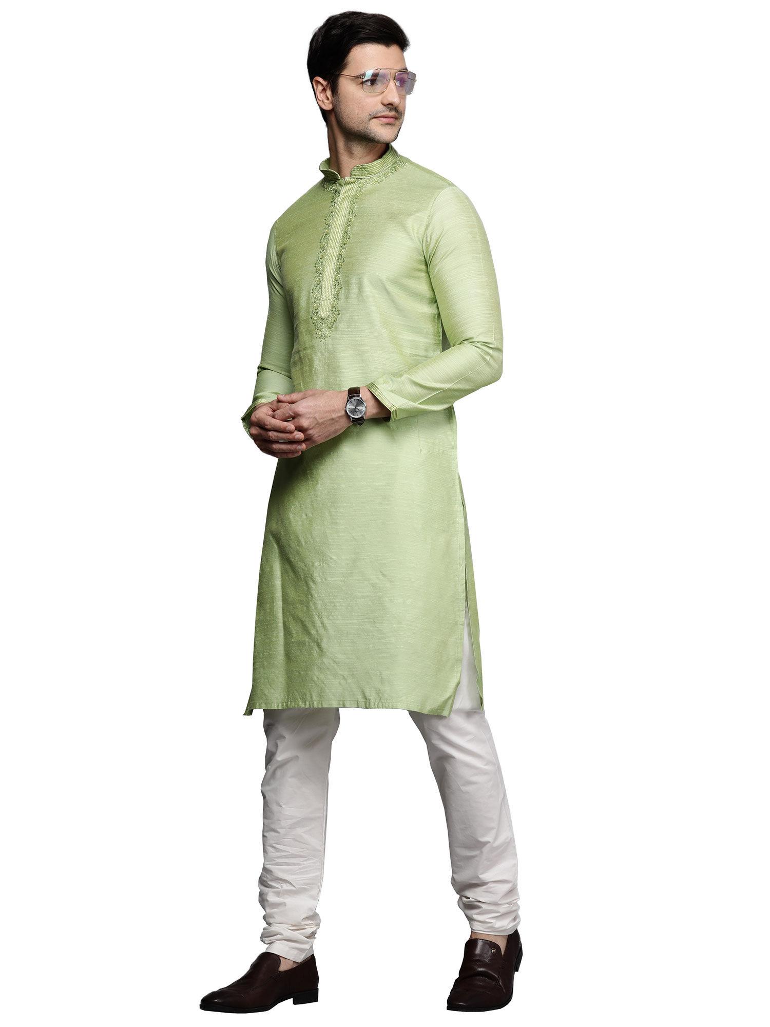 mens blended cotton embroidered yoke kurta churidar (light green) (set of 2)