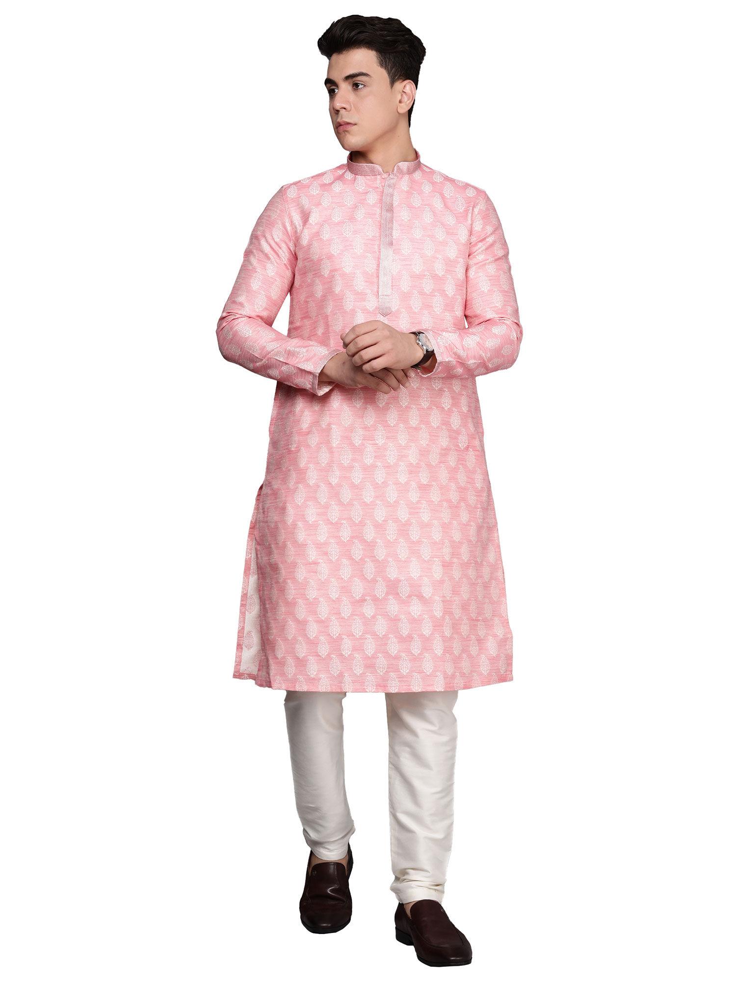 mens blended cotton jacquard kurta pencil pant (pink) (set of 2)