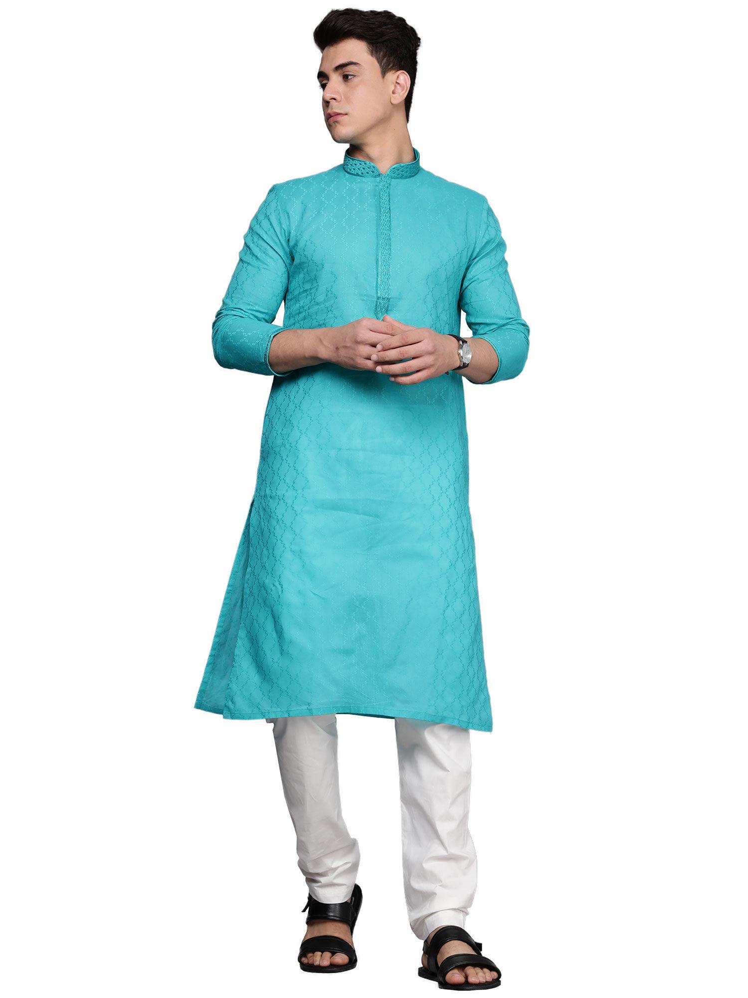 mens blended cotton self design kurta pencil pant (light green) (set of 2)