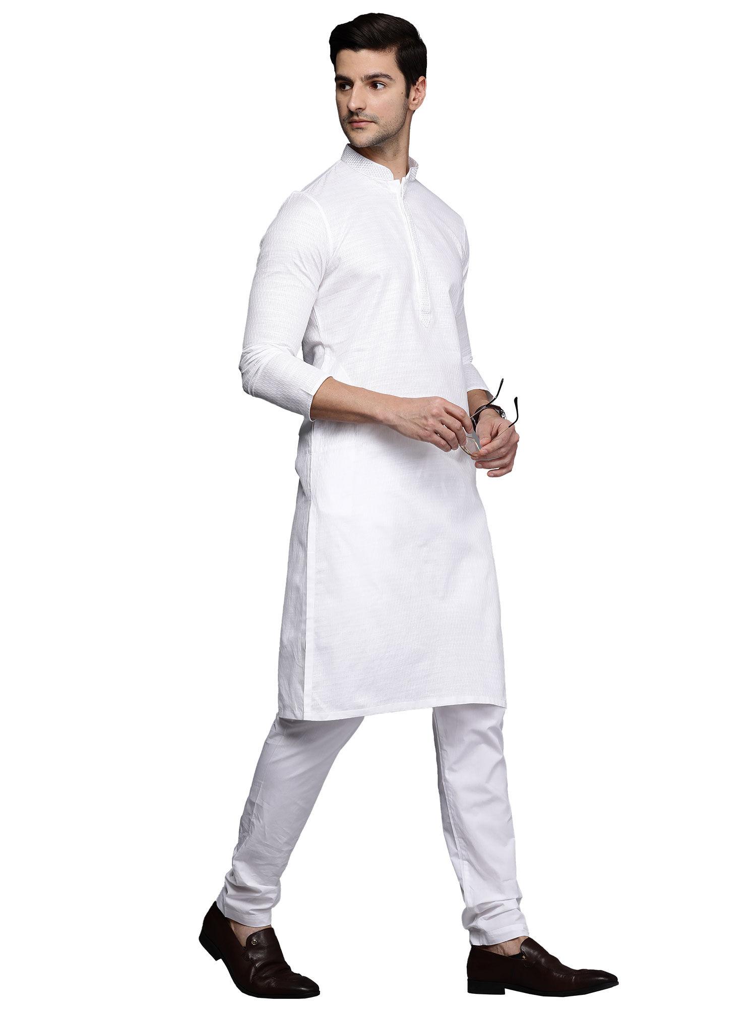 mens blended cotton self design kurta pencil pant (white) (set of 2)