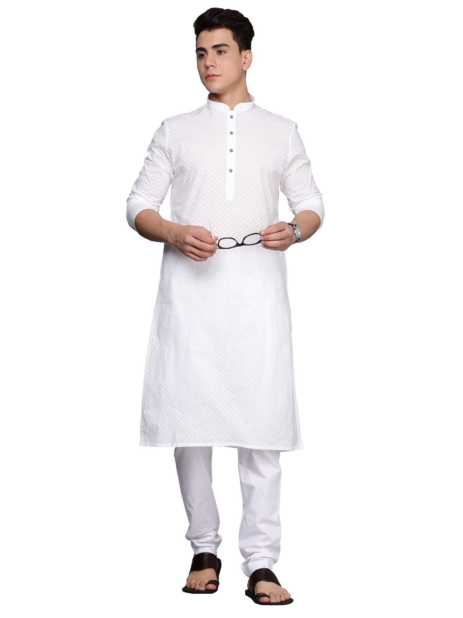mens blended cotton self design kurta pencil pant (white) (set of 2)
